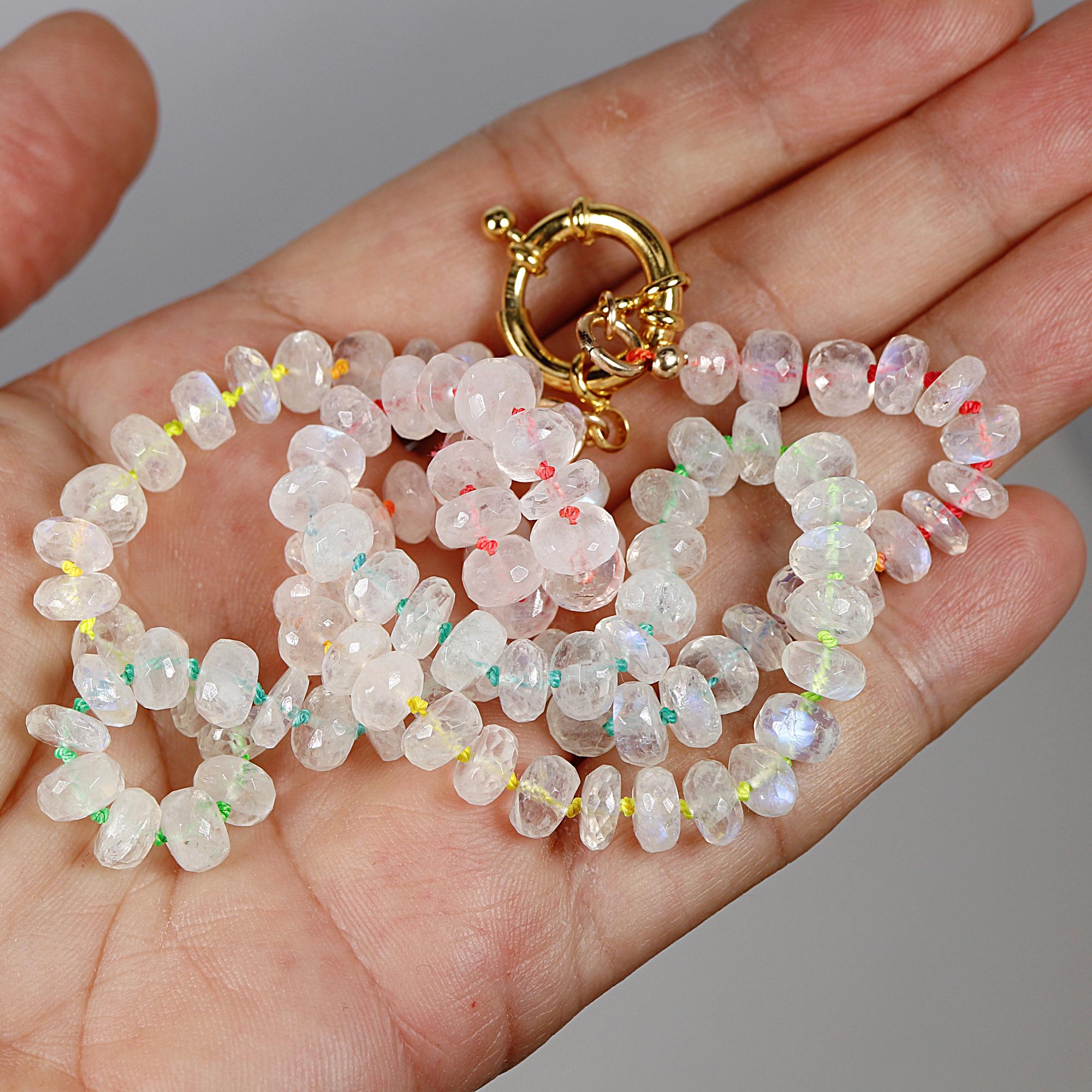 Hand Knotted Rondelle Moonstone Necklace on Rainbow Silk, Gold Filled Figure Eight Charm Holder