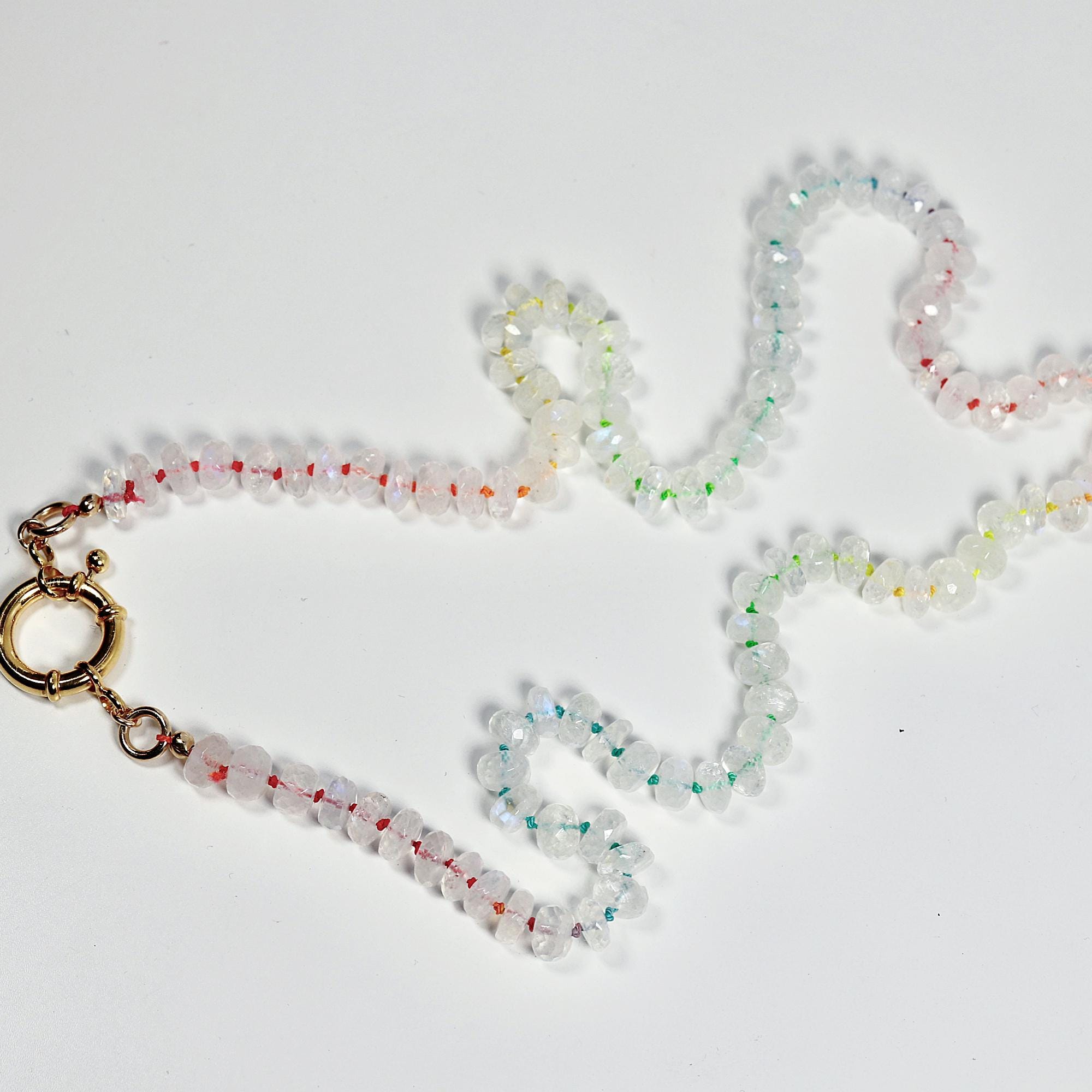 Hand Knotted Rondelle Moonstone Necklace on Rainbow Silk, Gold Filled Figure Eight Charm Holder