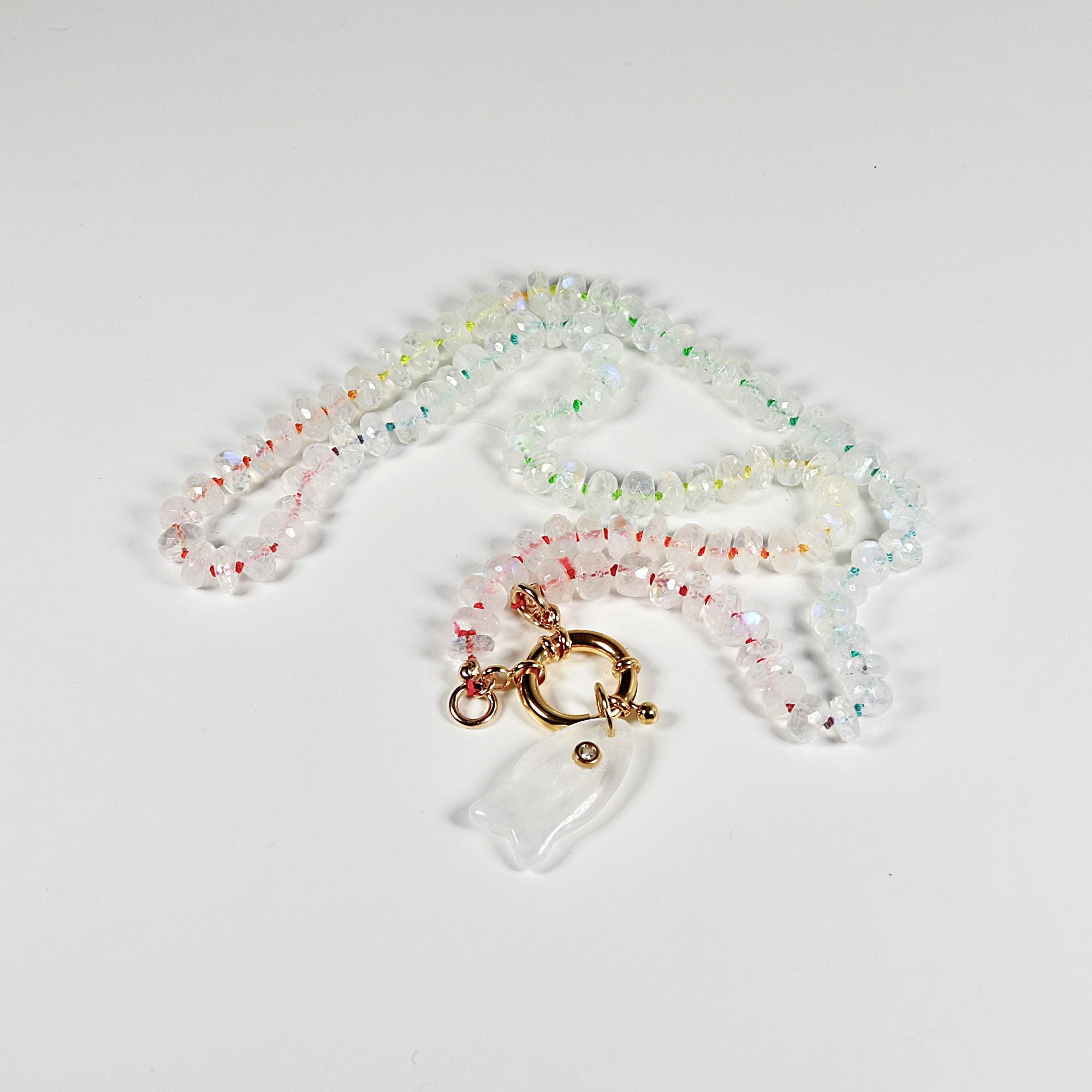 Hand Knotted Rondelle Moonstone Necklace on Rainbow Silk, Gold Filled Figure Eight Charm Holder
