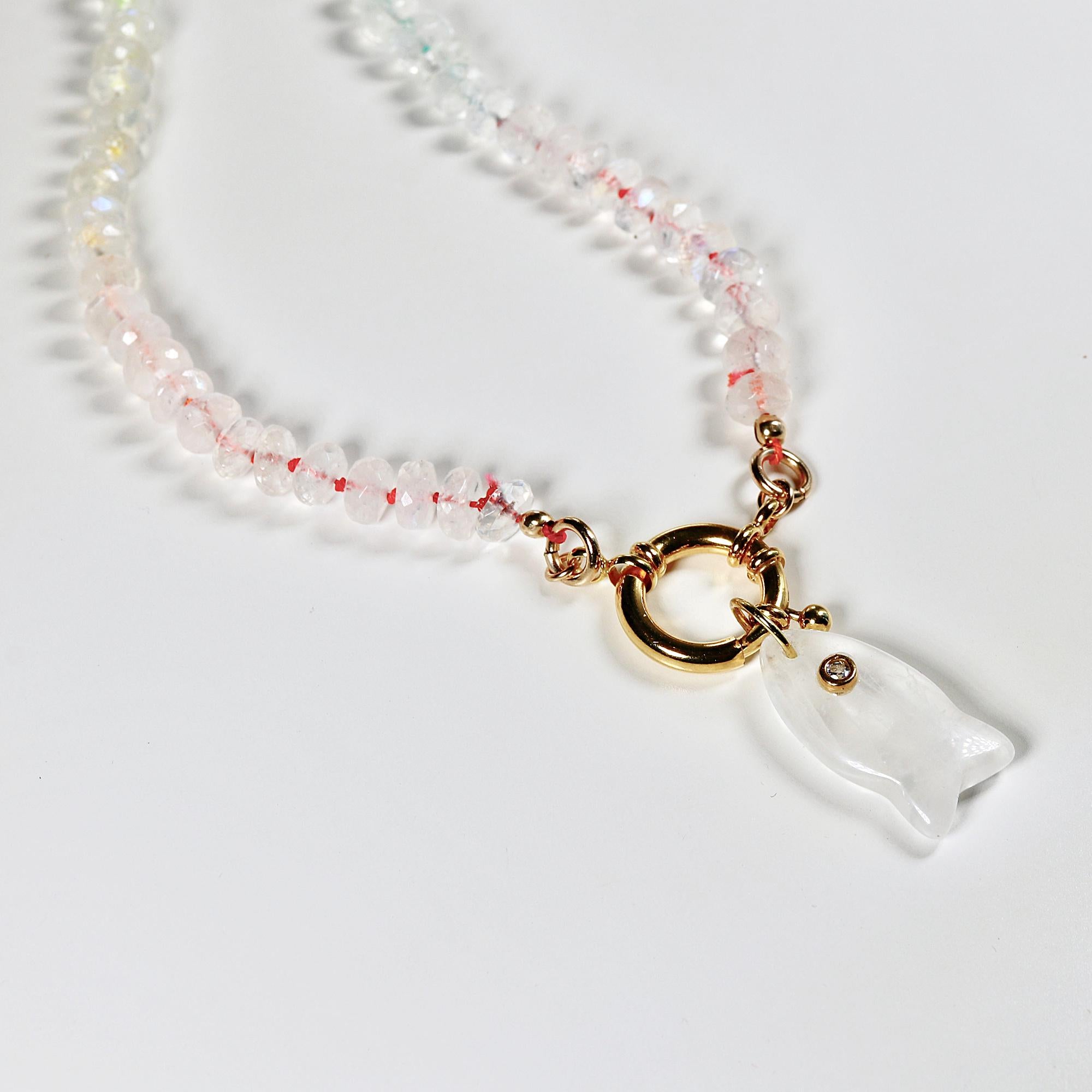 Hand Knotted Rondelle Moonstone Necklace on Rainbow Silk, Gold Filled Figure Eight Charm Holder