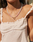 Hand Knotted Rondelle Moonstone Necklace on Rainbow Silk, Gold Filled Figure Eight Charm Holder