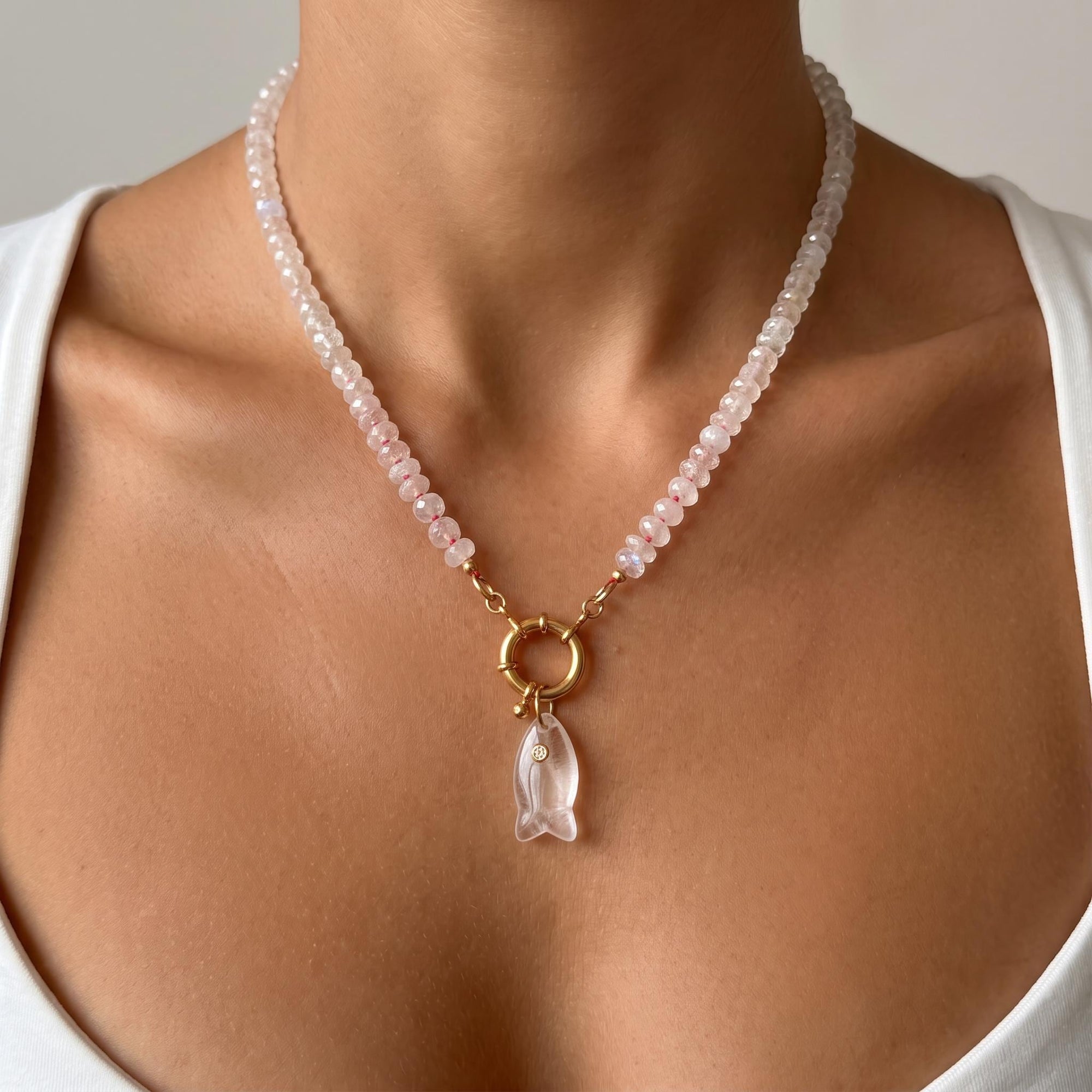 Hand Knotted Rondelle Moonstone Necklace on Rainbow Silk, Gold Filled Figure Eight Charm Holder