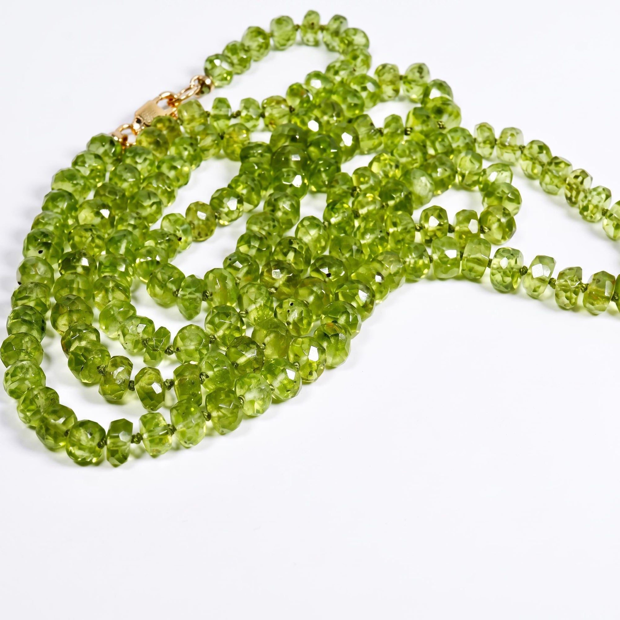 Peridot Rondelle Necklace on Silk, 23" Hand Knotted Strand with Gold Filled Lobster Clasp, August Birthstone