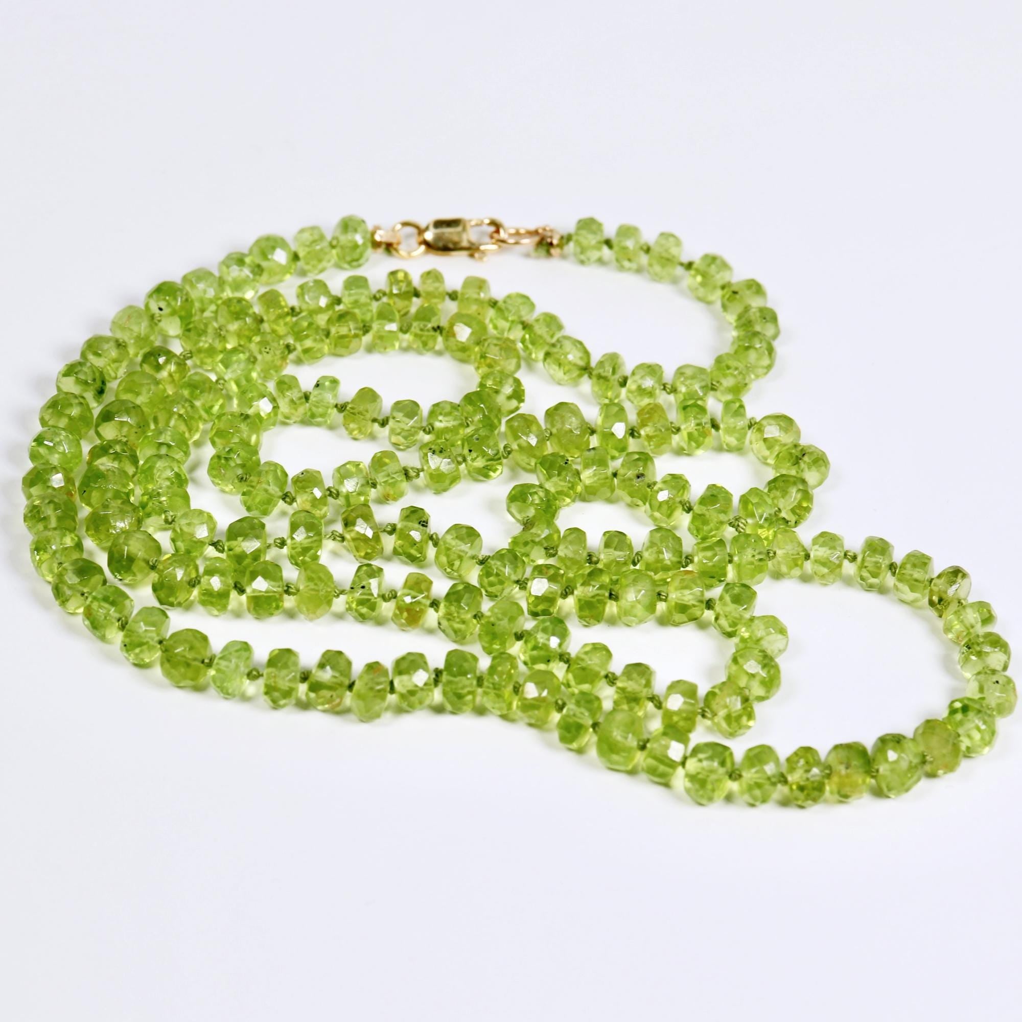 Peridot Rondelle Necklace on Silk, 23" Hand Knotted Strand with Gold Filled Lobster Clasp, August Birthstone