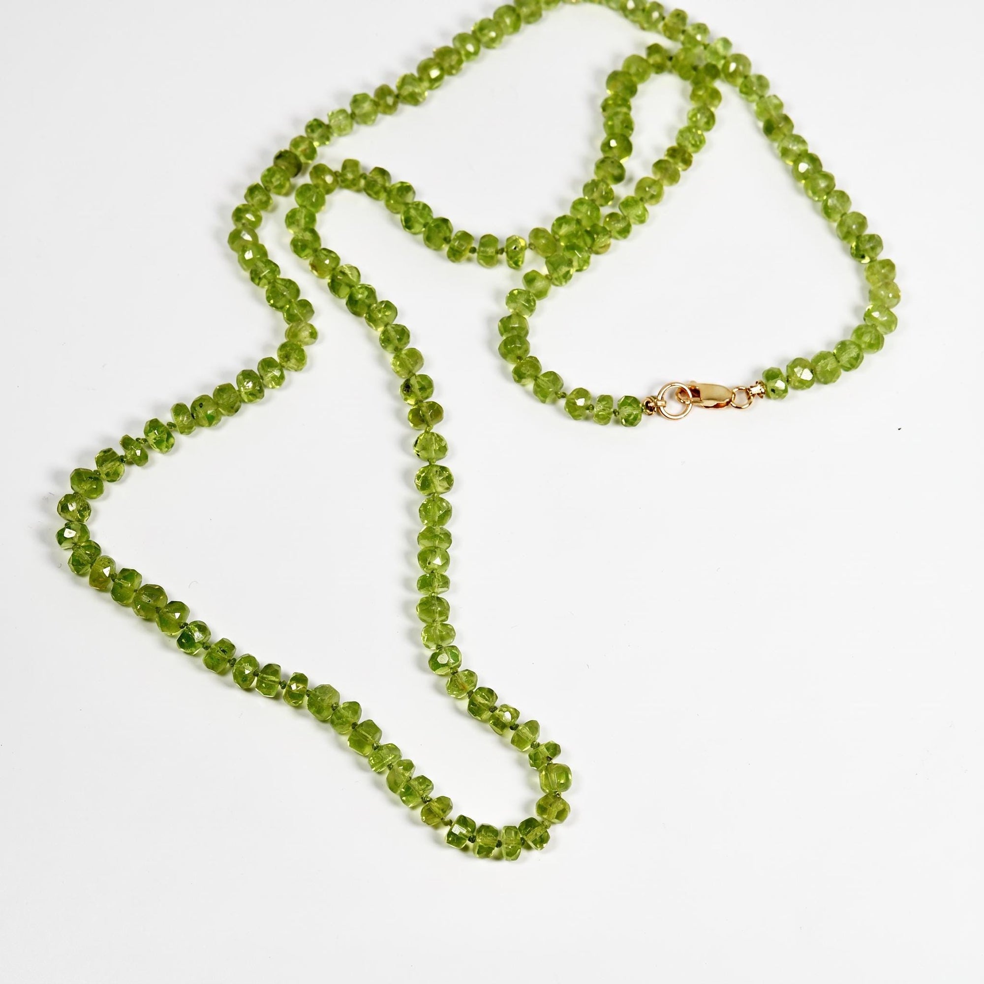 Peridot Rondelle Necklace on Silk, 23" Hand Knotted Strand with Gold Filled Lobster Clasp, August Birthstone