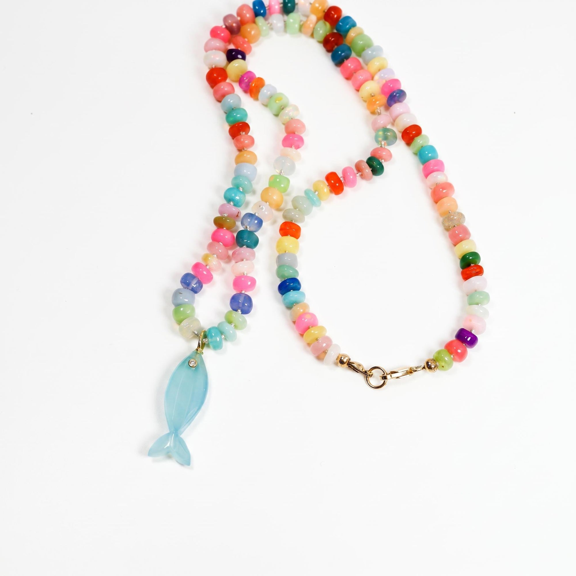 Disco Opal Silk Hand Knotted Necklace with Chalcedony Fish Charm, Gold Filled Lobster Clasp