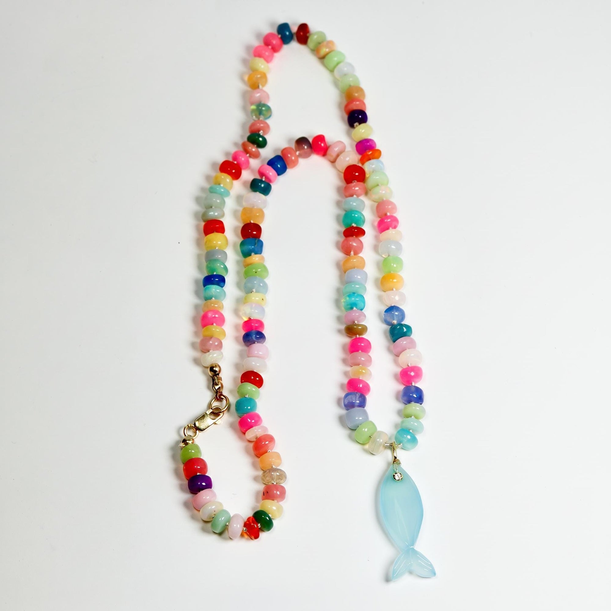 Disco Opal Silk Hand Knotted Necklace with Chalcedony Fish Charm, Gold Filled Lobster Clasp