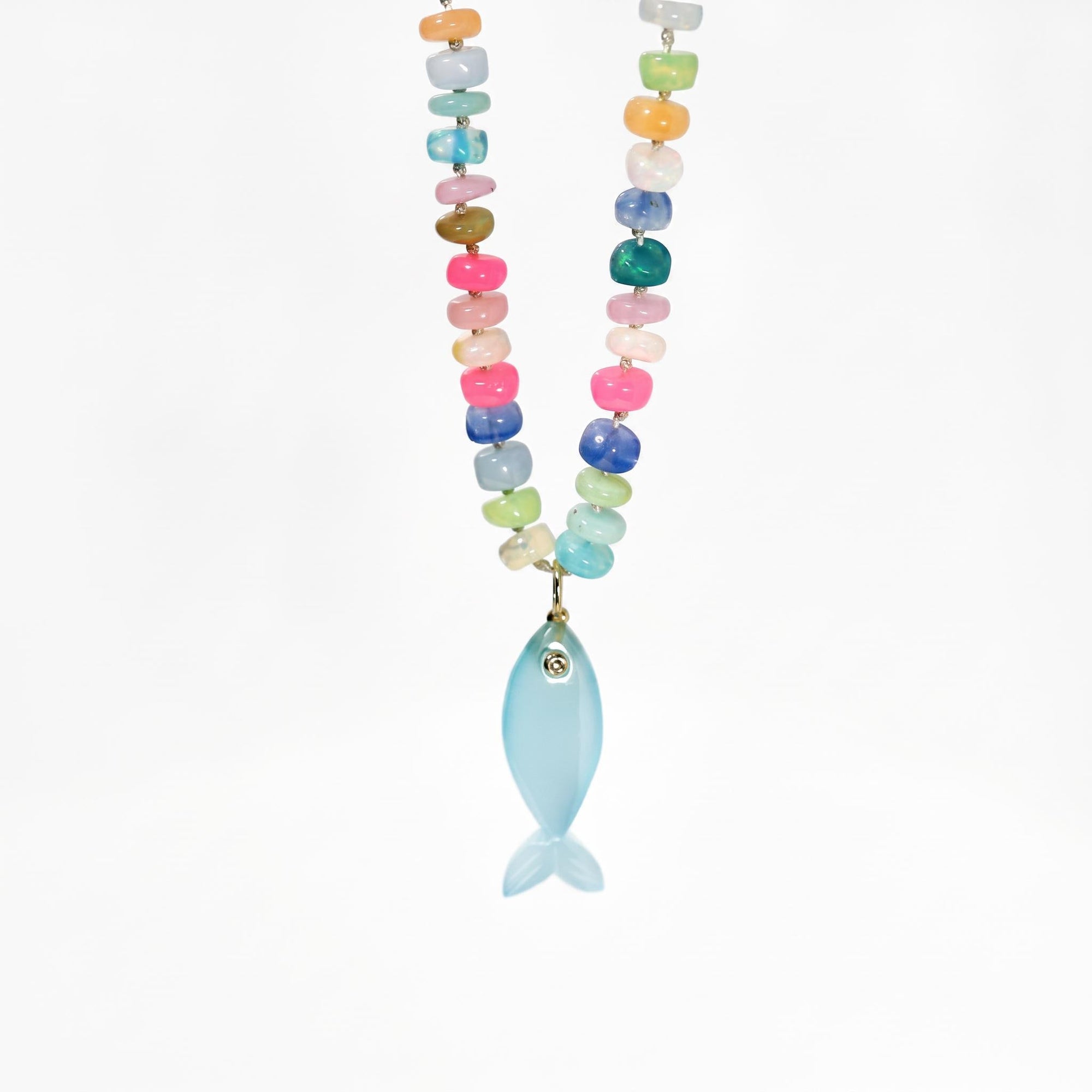 Disco Opal Silk Hand Knotted Necklace with Chalcedony Fish Charm, Gold Filled Lobster Clasp