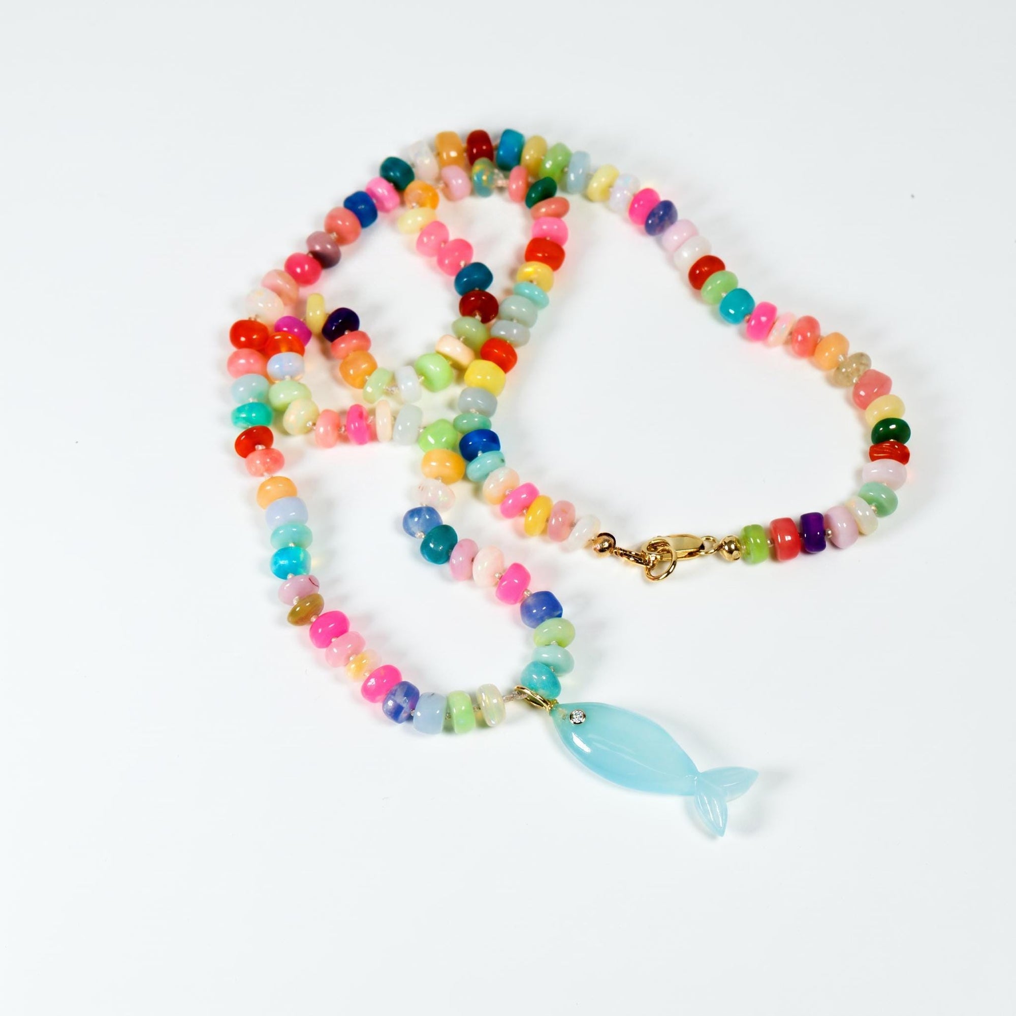 Disco Opal Silk Hand Knotted Necklace with Chalcedony Fish Charm, Gold Filled Lobster Clasp