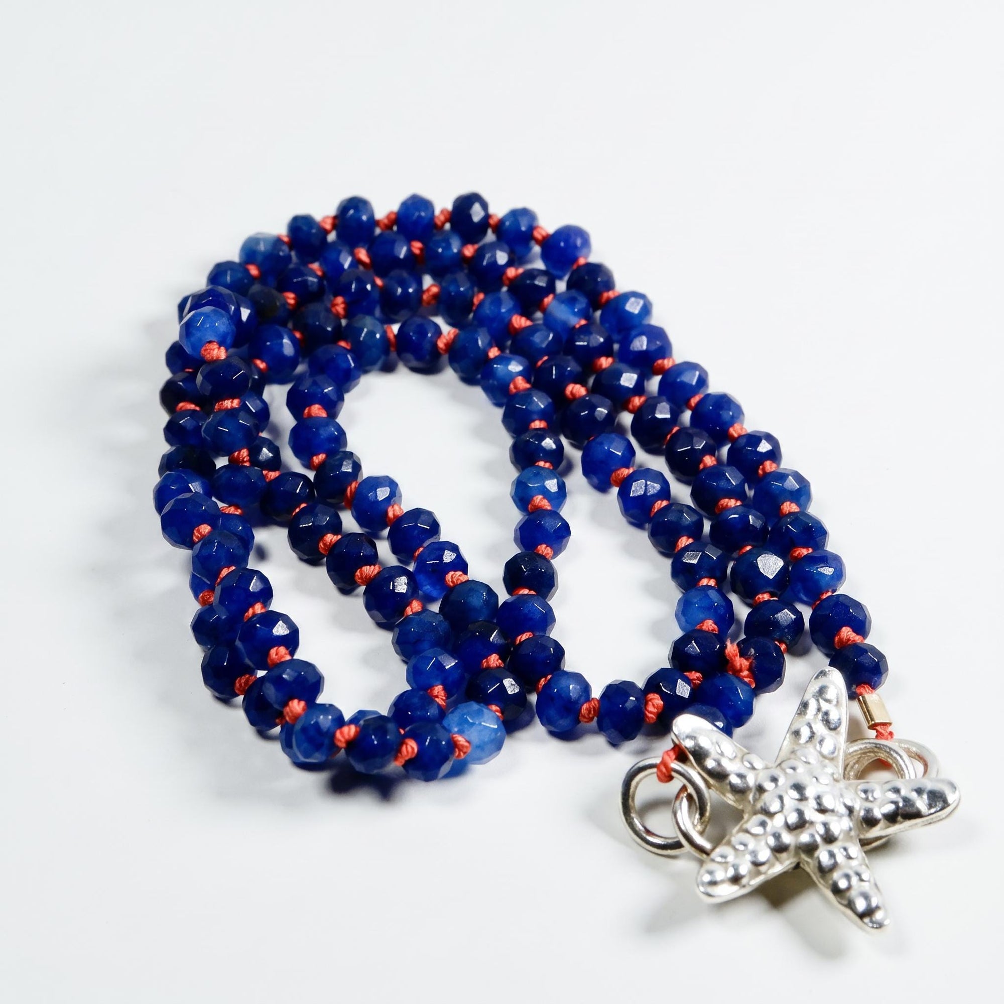 Lapis Lazuli Rondelle Necklace on Red Silk, 4.5mm Hand Knotted Strand with Sterling Silver Fish Star Clasp