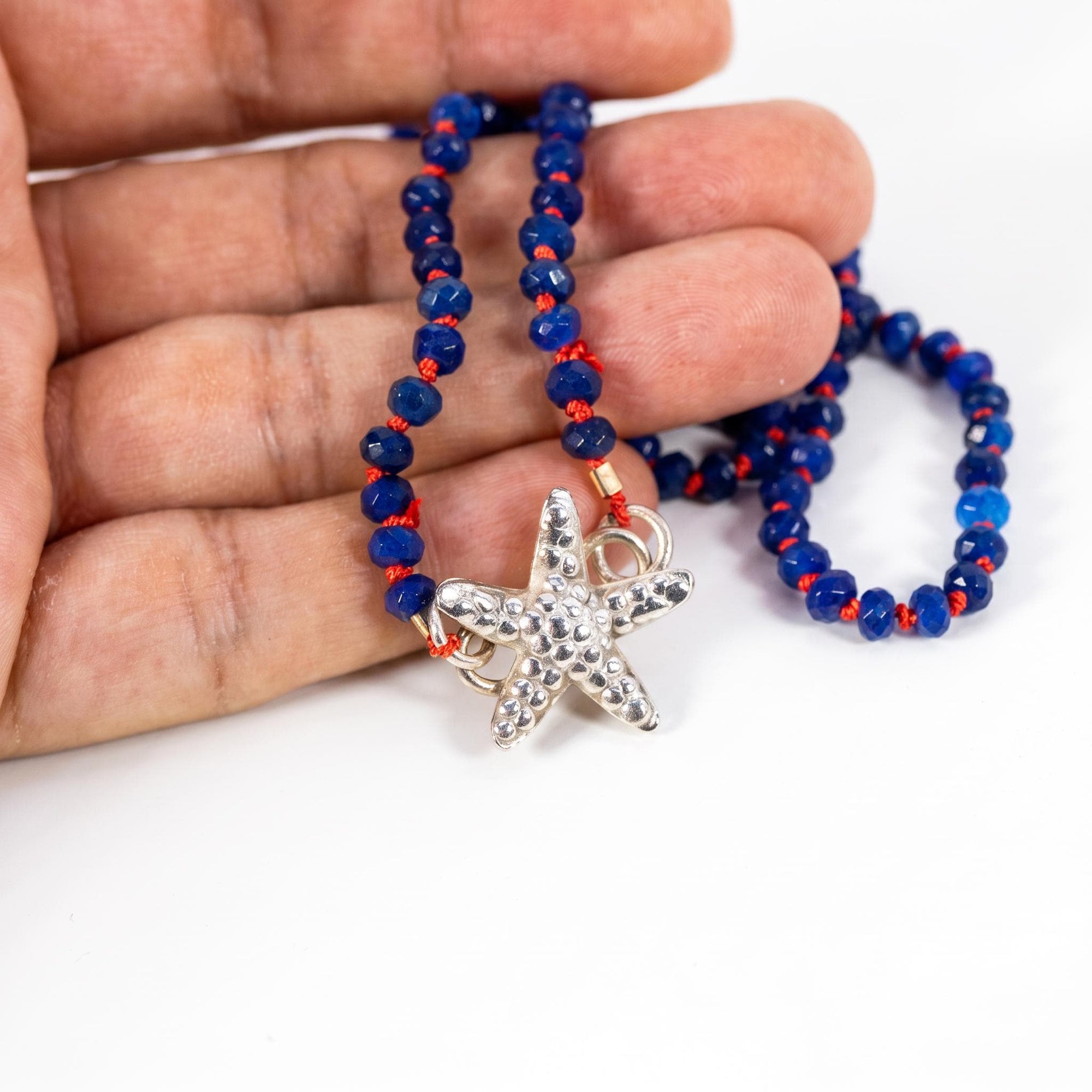 Lapis Lazuli Rondelle Necklace on Red Silk, 4.5mm Hand Knotted Strand with Sterling Silver Fish Star Clasp