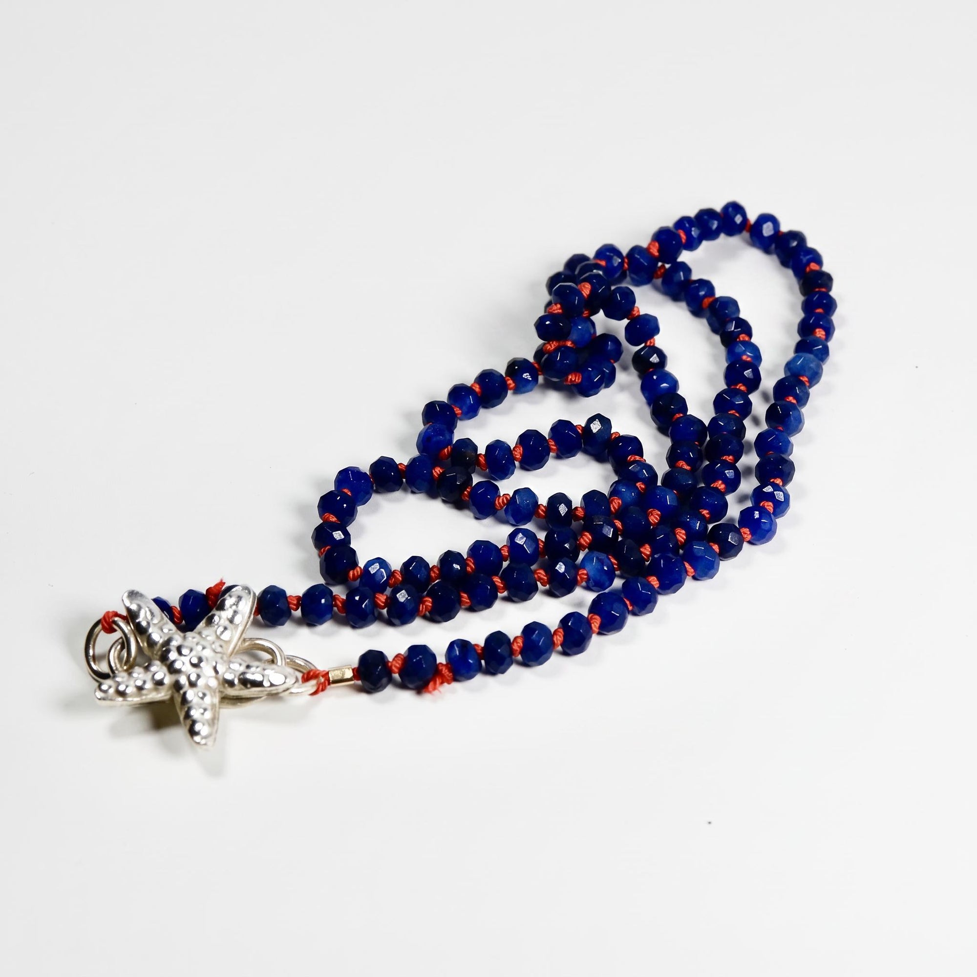 Lapis Lazuli Rondelle Necklace on Red Silk, 4.5mm Hand Knotted Strand with Sterling Silver Fish Star Clasp