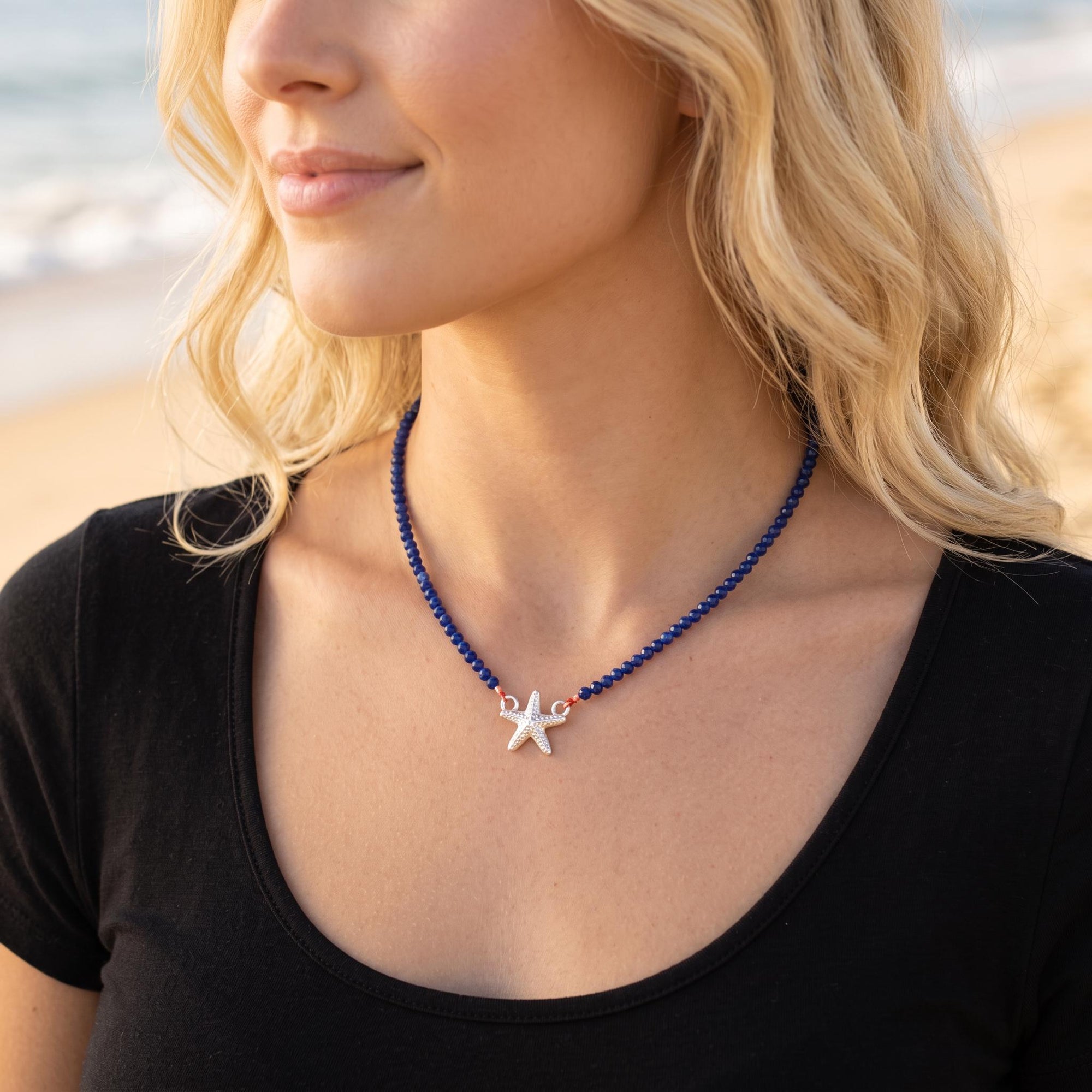 Lapis Lazuli Rondelle Necklace on Red Silk, 4.5mm Hand Knotted Strand with Sterling Silver Fish Star Clasp