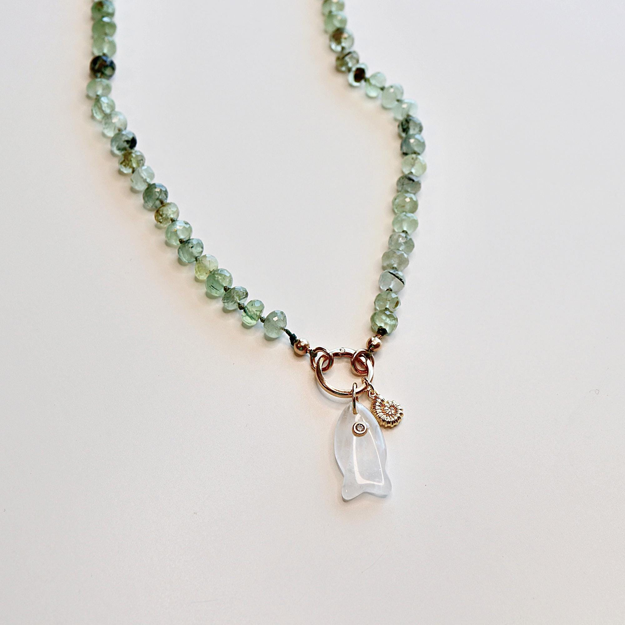 Green Prehnite Faceted Rondelle Necklace, 7mm Silk Hand Knotted 20" Strand with Gold Filled Figure Eight Charm Holder Clasp