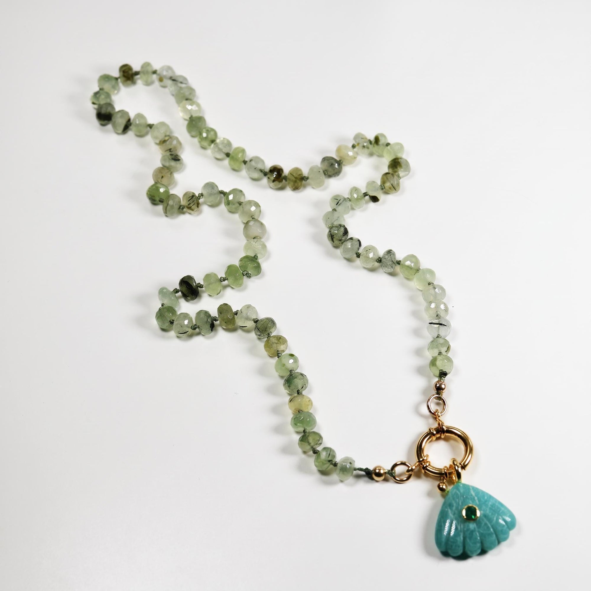 Green Prehnite Faceted Rondelle Necklace, 7mm Silk Hand Knotted 20" Strand with Gold Filled Figure Eight Charm Holder Clasp