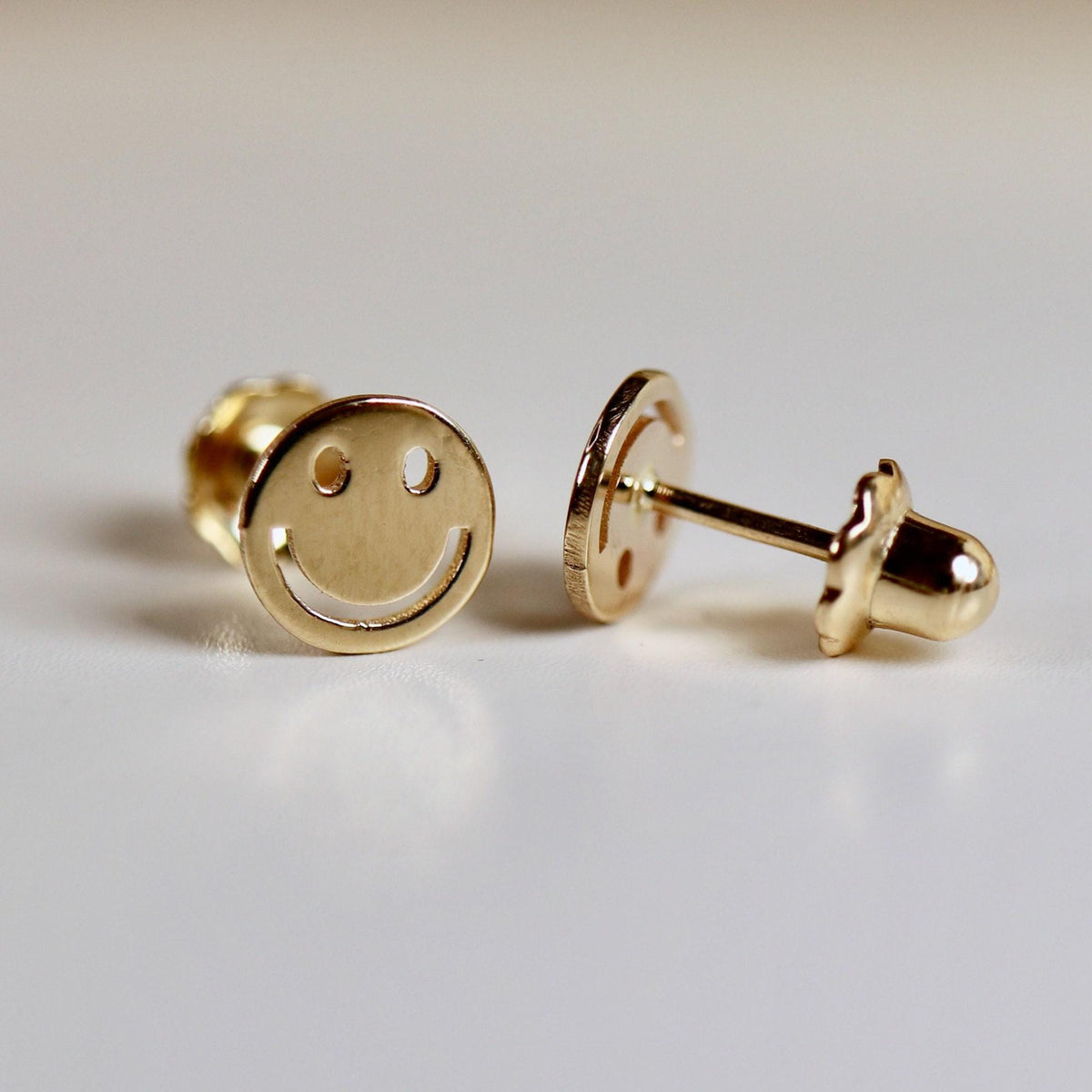 Smiley Face Stud Earrings 14k Solid Gold, Tiny Gold Studs - Melt'm Jewelry