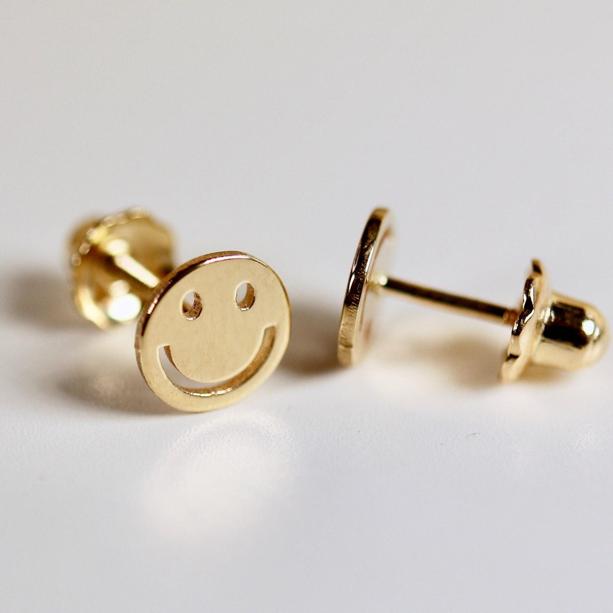 Smiley Face Stud Earrings 14k Solid Gold, Tiny Gold Studs - Melt'm Jewelry