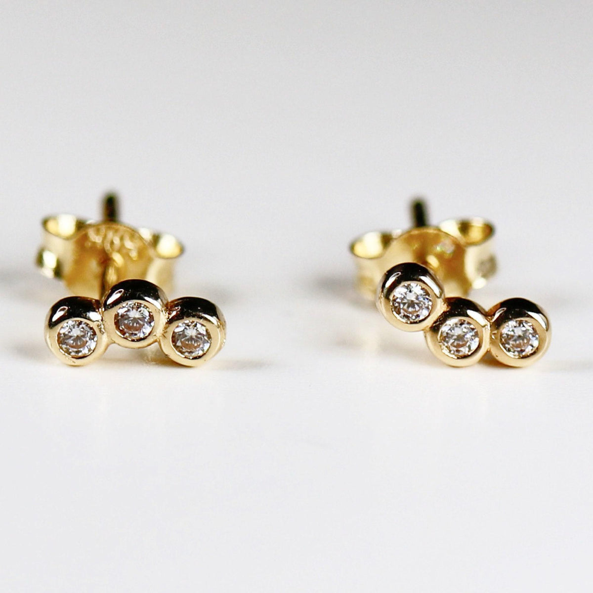 14k Gold 3 Stone Bezel Set CZ Cubic Zirconia Cluster Earrings - Melt'm Jewelry