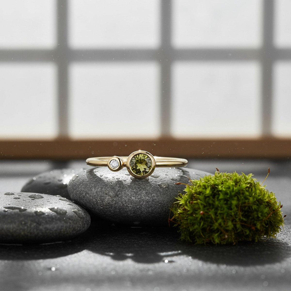 Dual Birthstone Ring Handmade, Diamond &amp; Green Tourmaline Ring 14k Solid Gold, Two Birthstone Ring, Unique Minimalist Anniversary Ring shown in an AI-generated listing photo