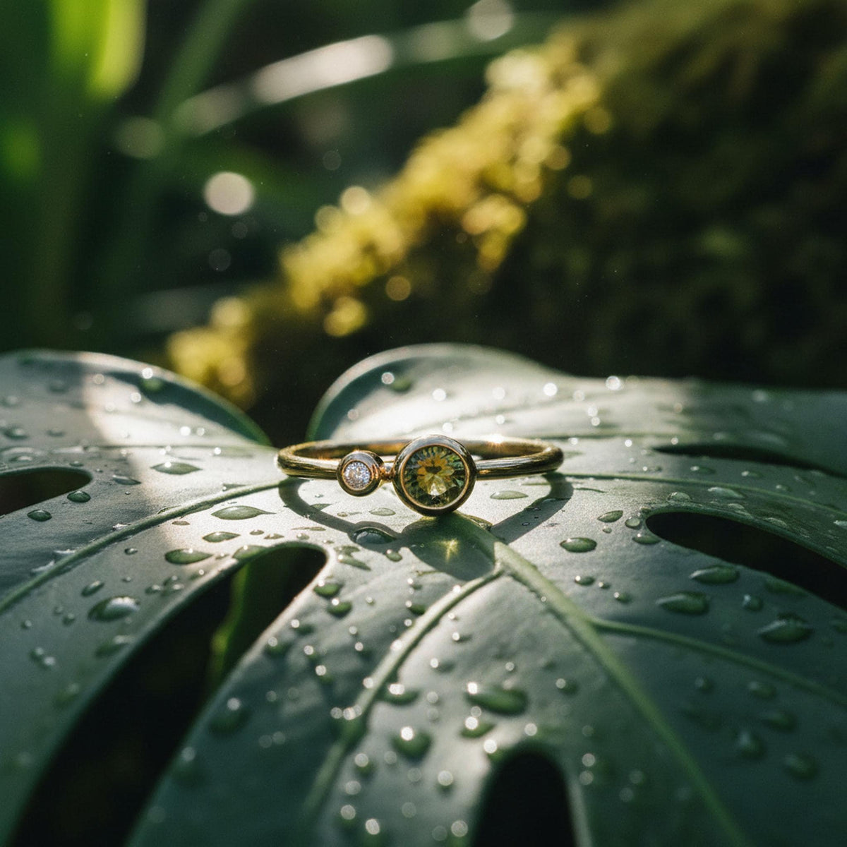 Dual Birthstone Ring Handmade, Diamond &amp; Green Tourmaline Ring 14k Solid Gold, Two Birthstone Ring, Unique Minimalist Anniversary Ring shown in an AI-generated listing photo