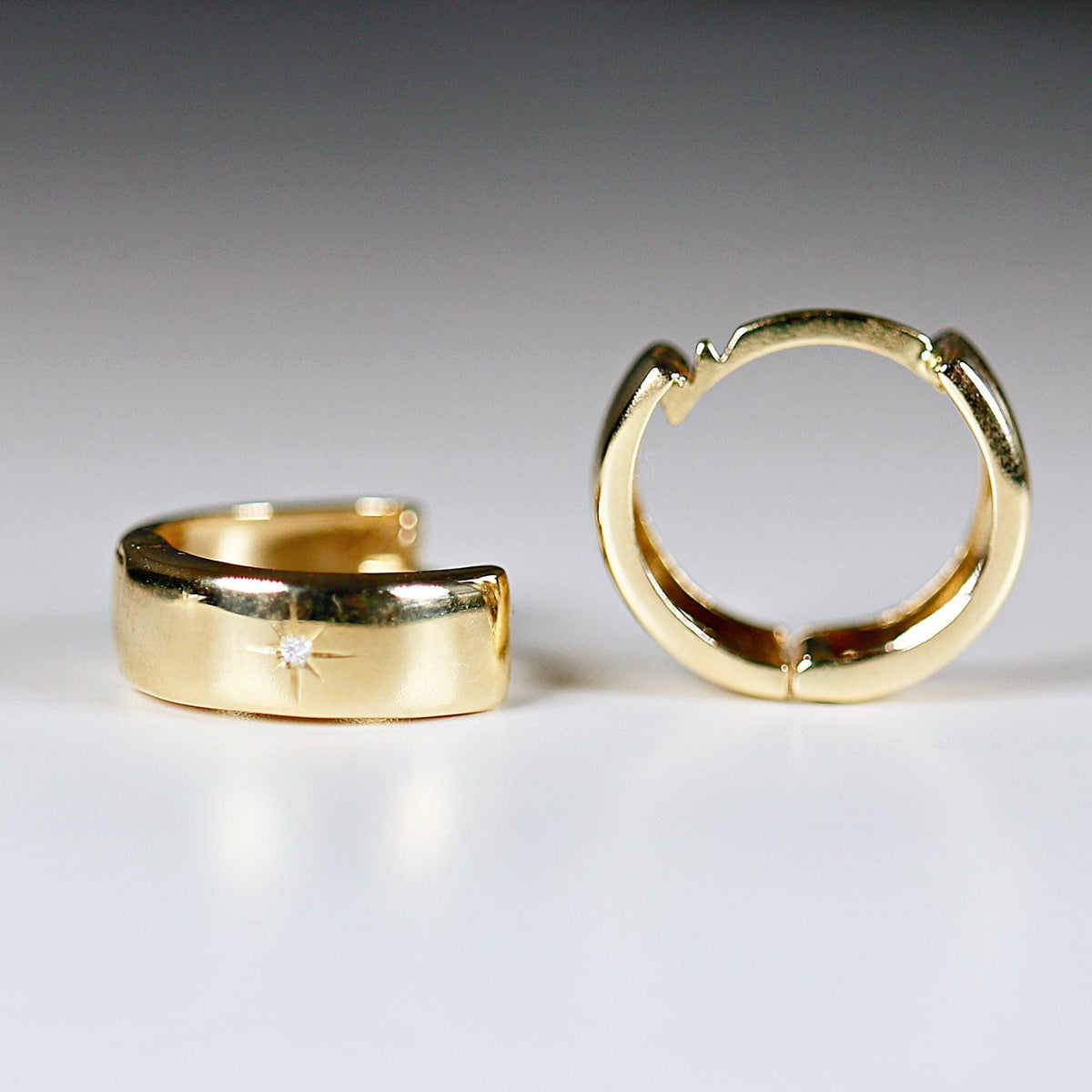 Diamond Star Set Thick Hoop Earrings in 14k Gold - 15mm - Melt'm Jewelry