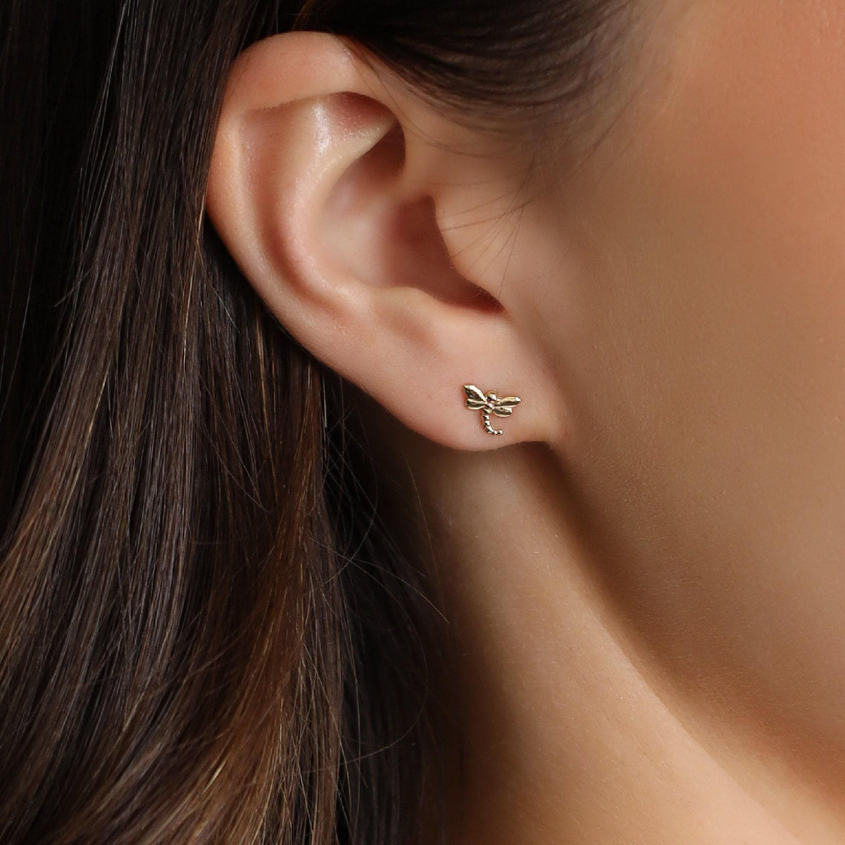 14k Gold Dragonfly Stud Earrings, Nature Inspired Gift (SINGLE or PAIR) - Melt'm Jewelry
