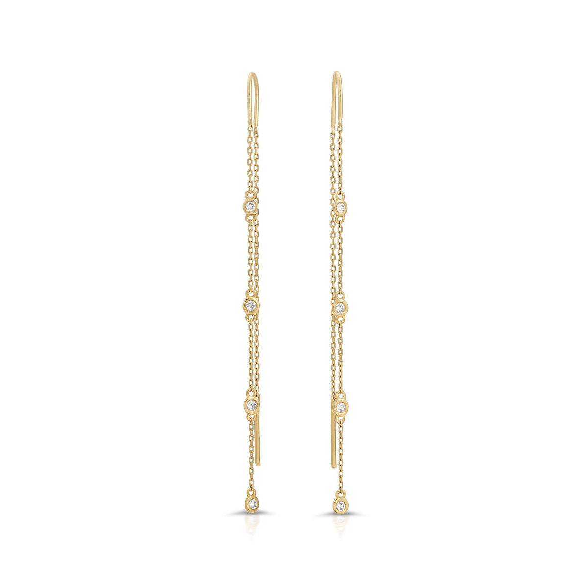 Two gold threader earrings featuring delicate chains and four bezel-set round diamonds each, shown against a plain white background.