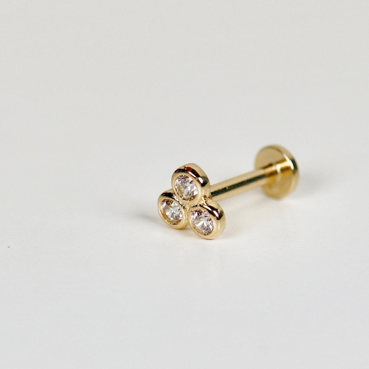 Three CZ Diamond Threaded Labret Studs Earrings 14k Solid Gold (SINGLE) - Melt'm Jewelry