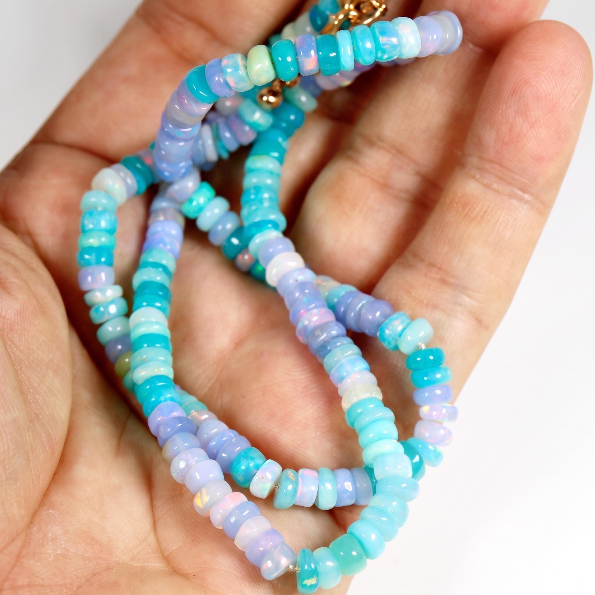 Ethiopian Opal Necklace, Natural Opal Beaded Necklace, Teal Purple Opal Rondelle Necklace, Silk Knotted, 14K Gold Filled