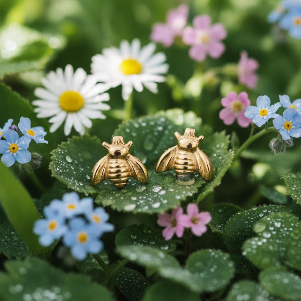 Honey Bee Stud Earrings 14k Gold, Minimal Studs, Minimalist Solid Gold Bumble Bee Earrings, Jewelry Gift for Granddaughter, Teen Jewelry shown in an AI-generated listing photo