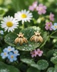Honey Bee Stud Earrings 14k Gold, Minimal Studs, Minimalist Solid Gold Bumble Bee Earrings, Jewelry Gift for Granddaughter, Teen Jewelry shown in an AI-generated listing photo