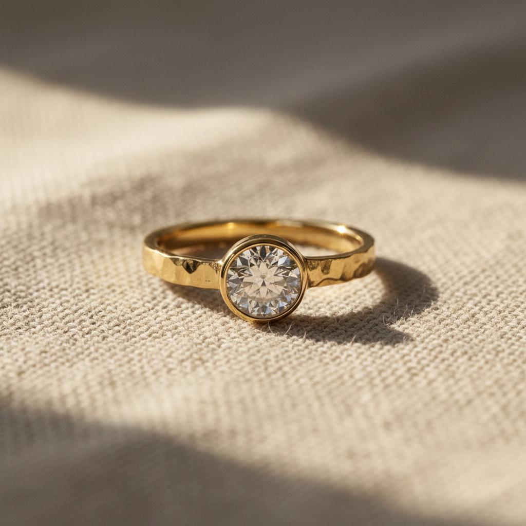 Natural Diamond Ring 14k Gold Bezel Set Diamond Ring Thick Hammered Band, 0.45 ct Diamond Solitaire Ring, Statement Jewelry Handmade Gift shown in an AI-generated listing photo