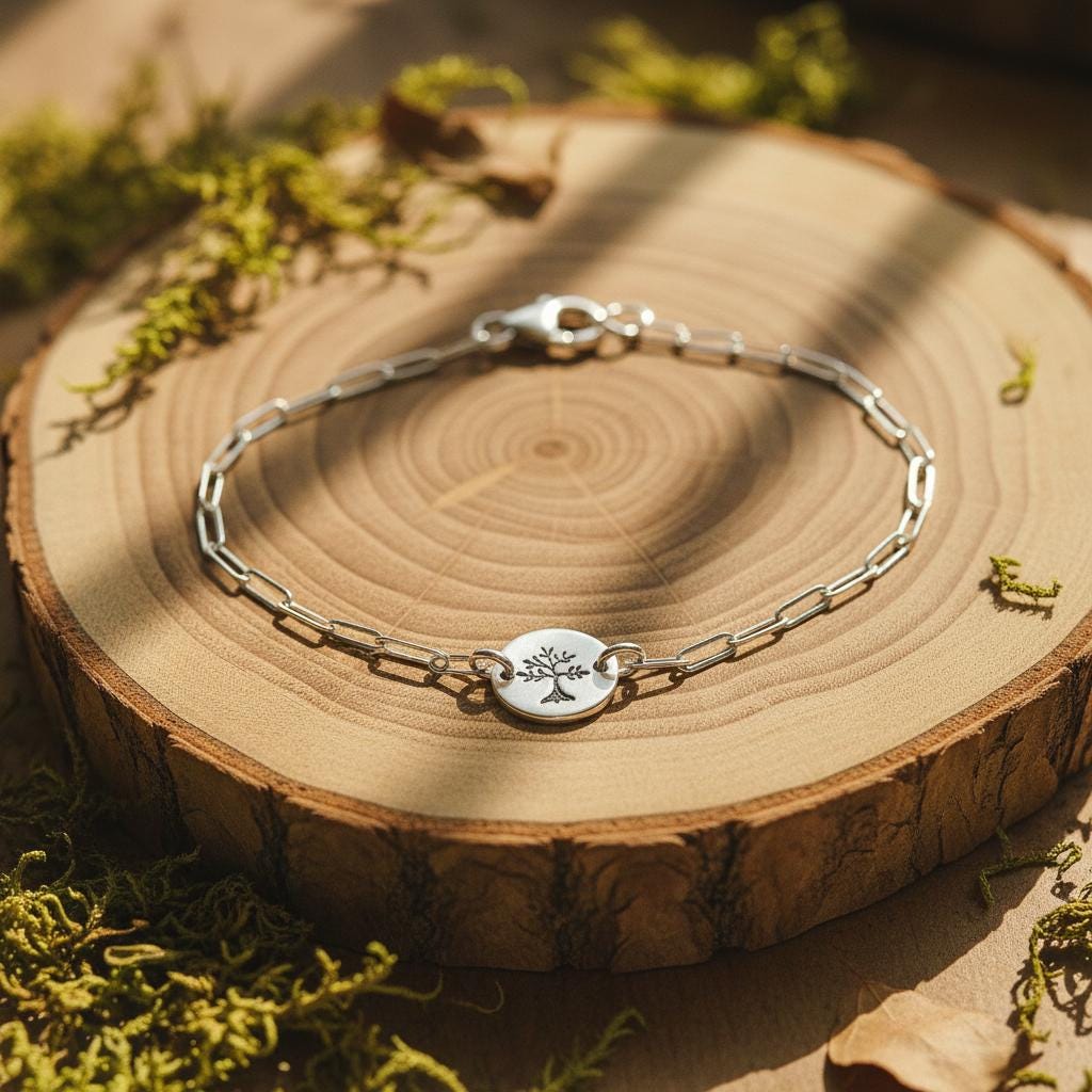 Hand Stamped Tree of Life Charm Bracelet Sterling Silver Disc Bracelet, Graduation Gift, New Mom Bracelet,  Gift for Her shown in an AI-generated listing photo