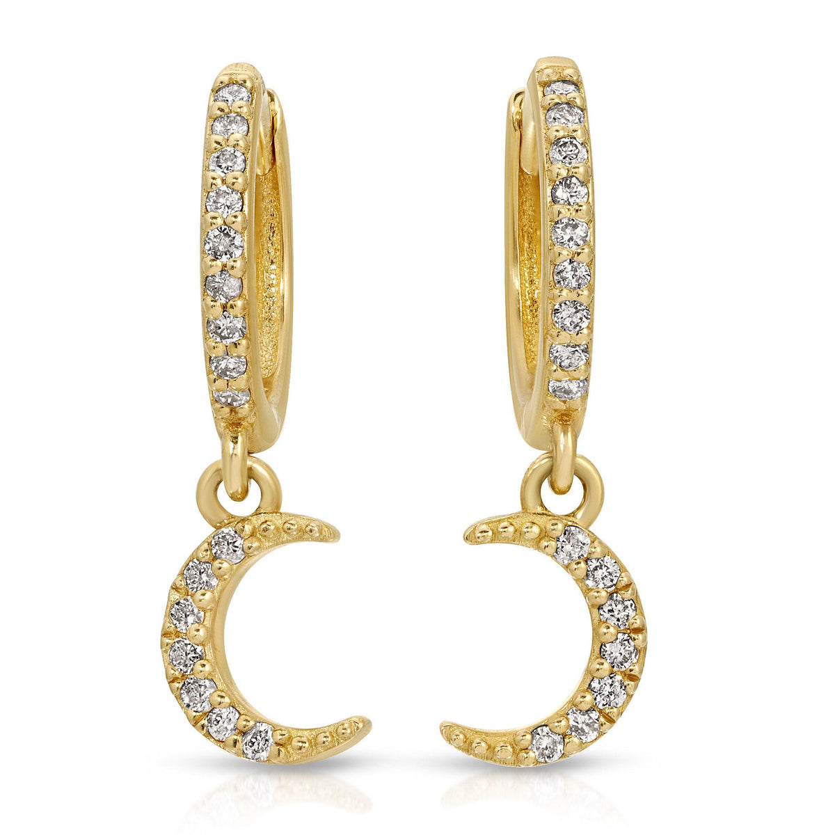 A pair of gold huggie hoop earrings, each with a dangling diamond-studded crescent moon charm, are shown against a white background.