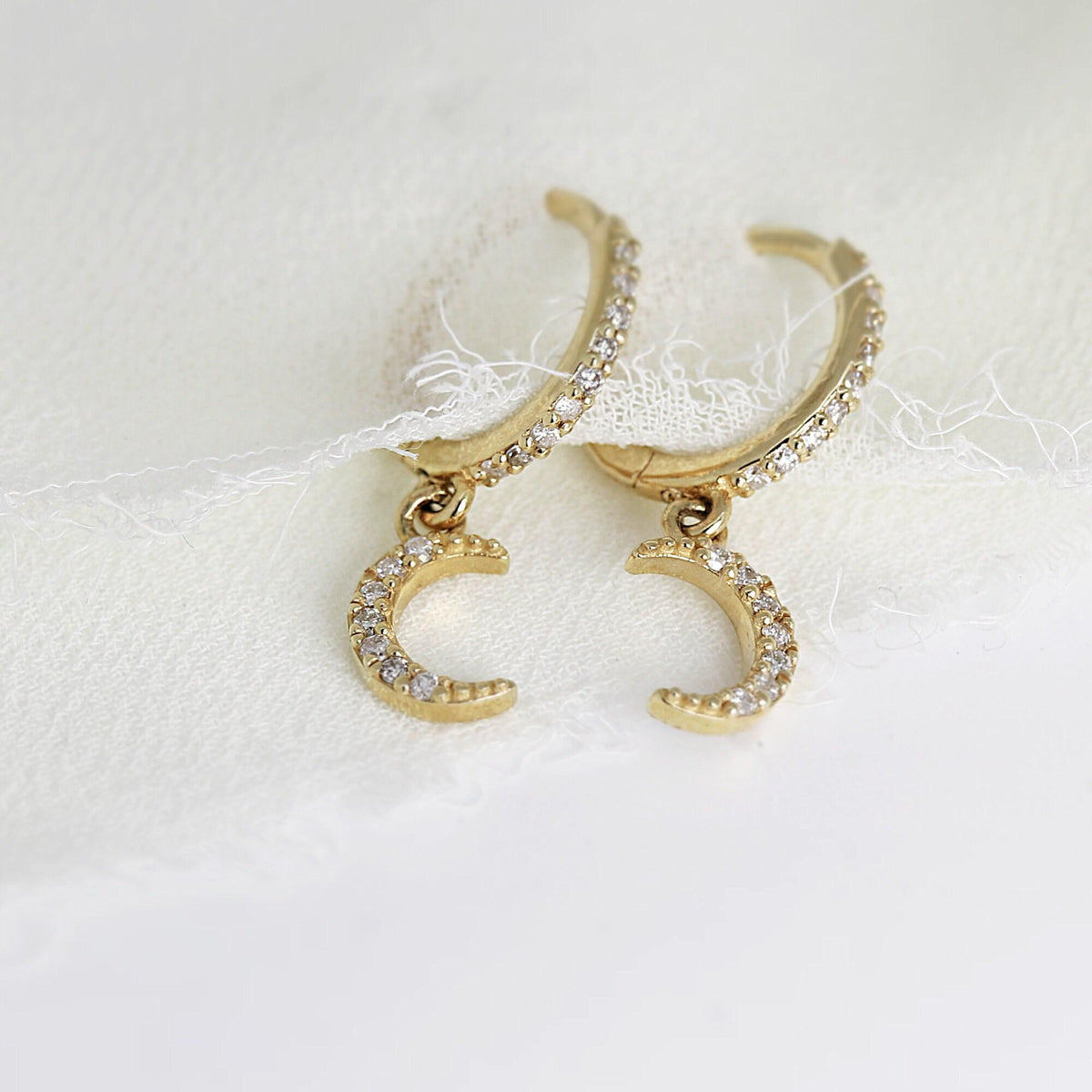 Diamond Moon Hoop Earrings (SINGLE or PAIR) - Melt'm Jewelry