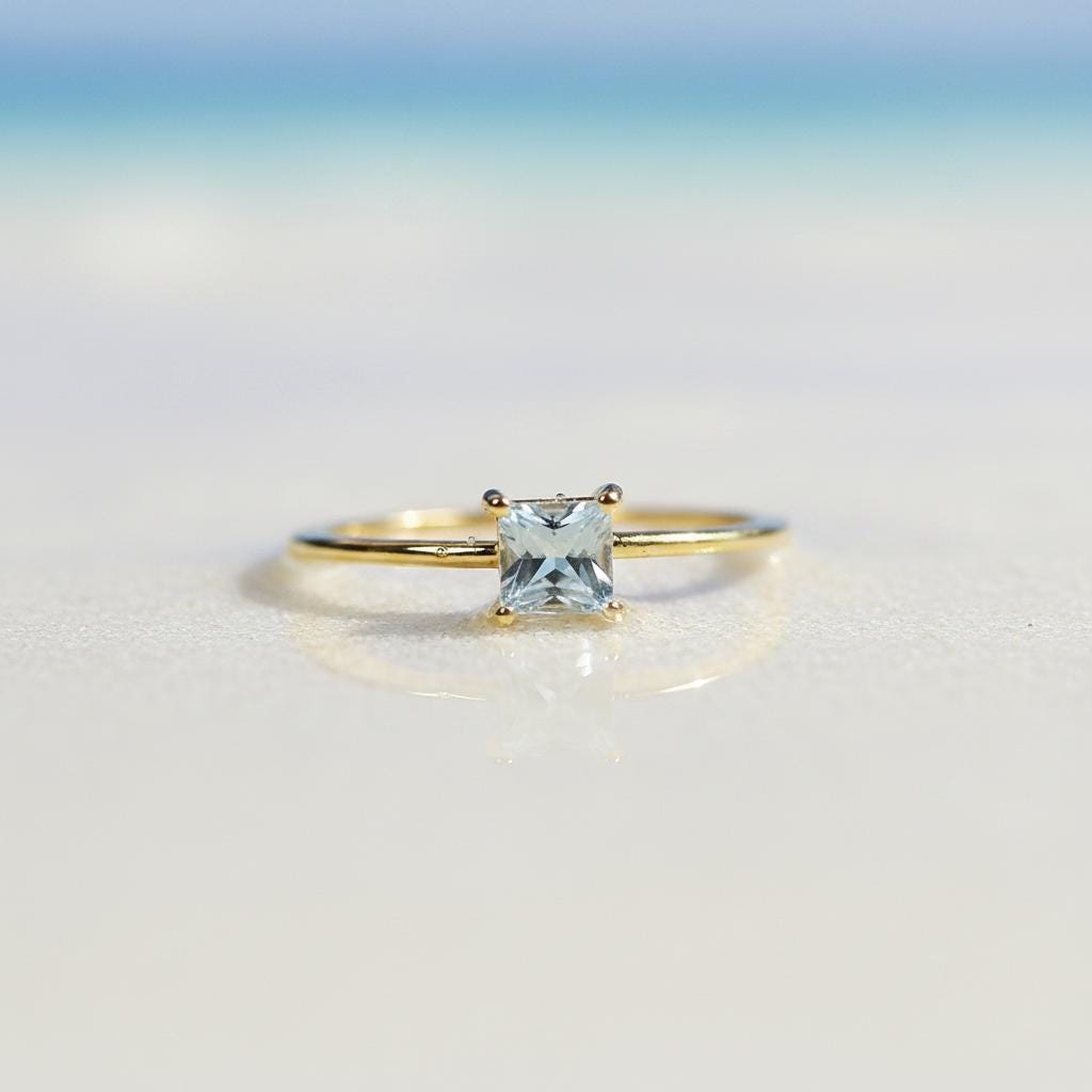 14k Gold Square Princess Aquamarine Ring - Melt'm Jewelry
