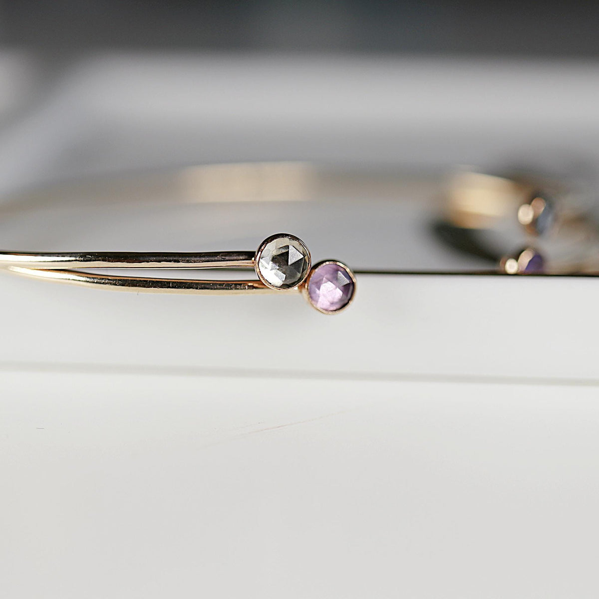 Dual Birthstone Bracelets Gold Filled or Sterling Silver, Open Gemstone Bangles - Melt'm Jewelry