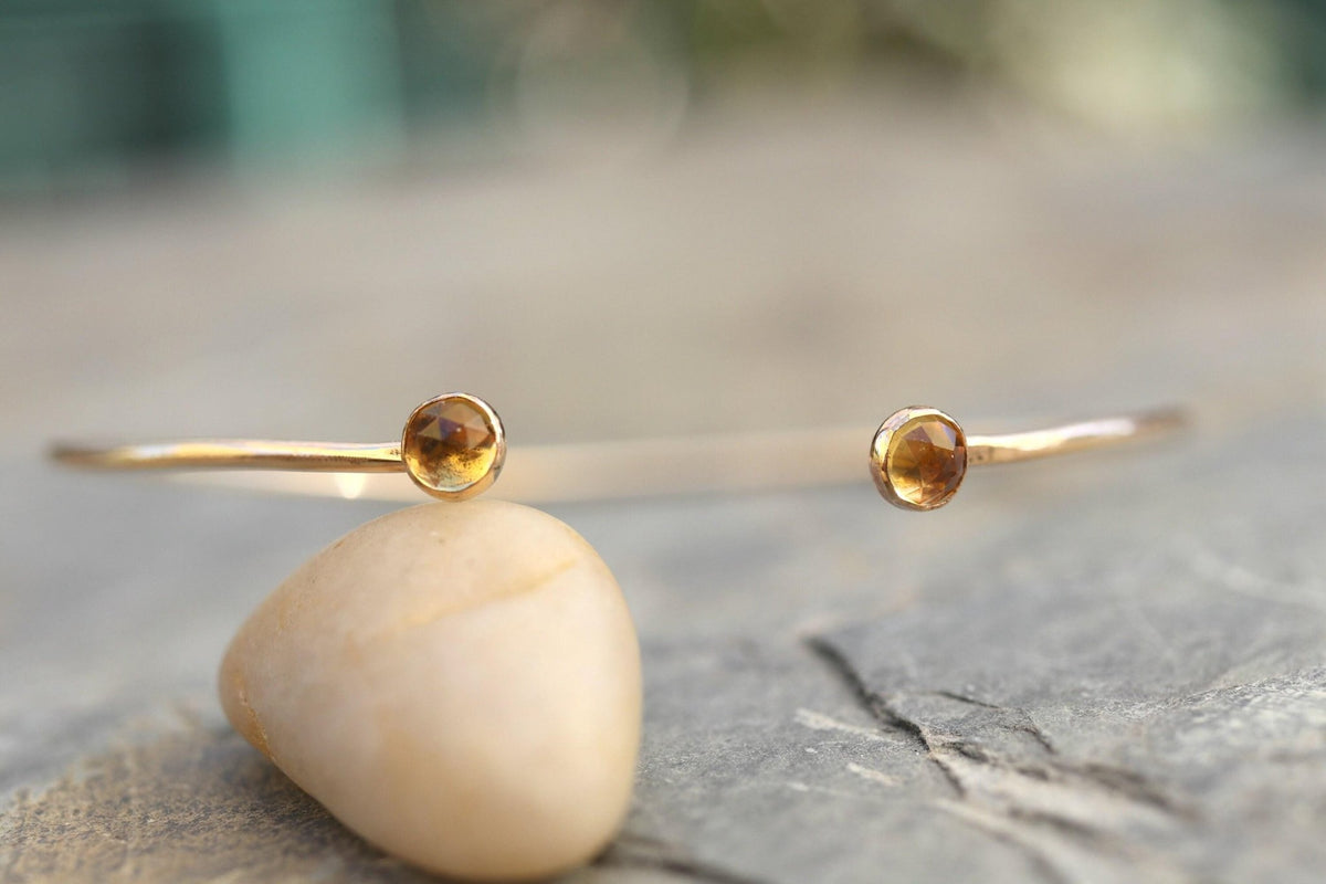 Dual Birthstone Bracelets Gold Filled or Sterling Silver, Open Gemstone Bangles - Melt'm Jewelry