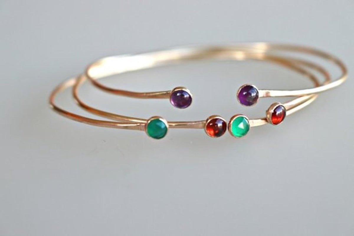 Dual Birthstone Bracelets Gold Filled or Sterling Silver, Open Gemstone Bangles - Melt'm Jewelry