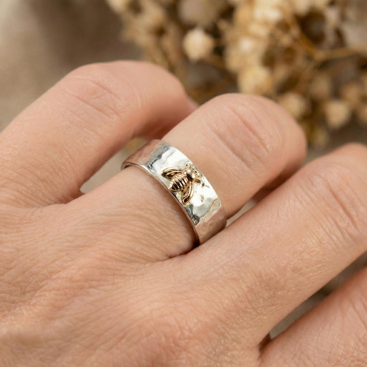 Honey Bee Ring, Sterling Silver Hammered Band and Gold Bee Ring - Melt'm Jewelry