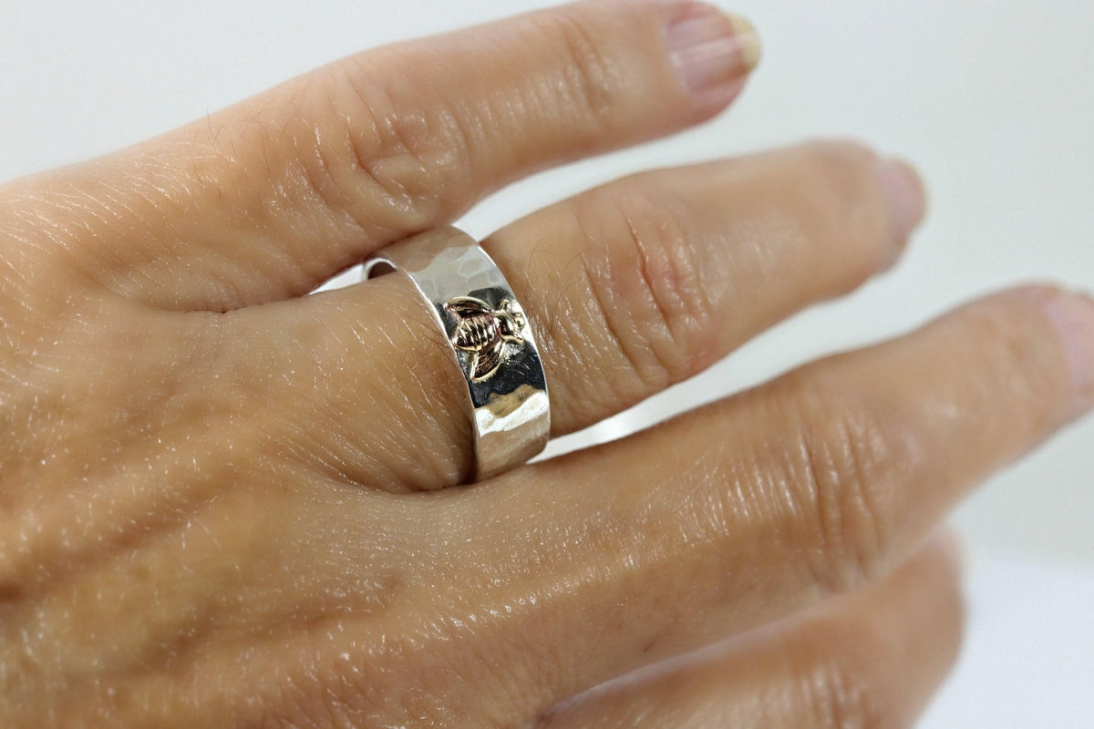 Honey Bee Ring, Sterling Silver Hammered Band and Gold Bee Ring - Melt'm Jewelry