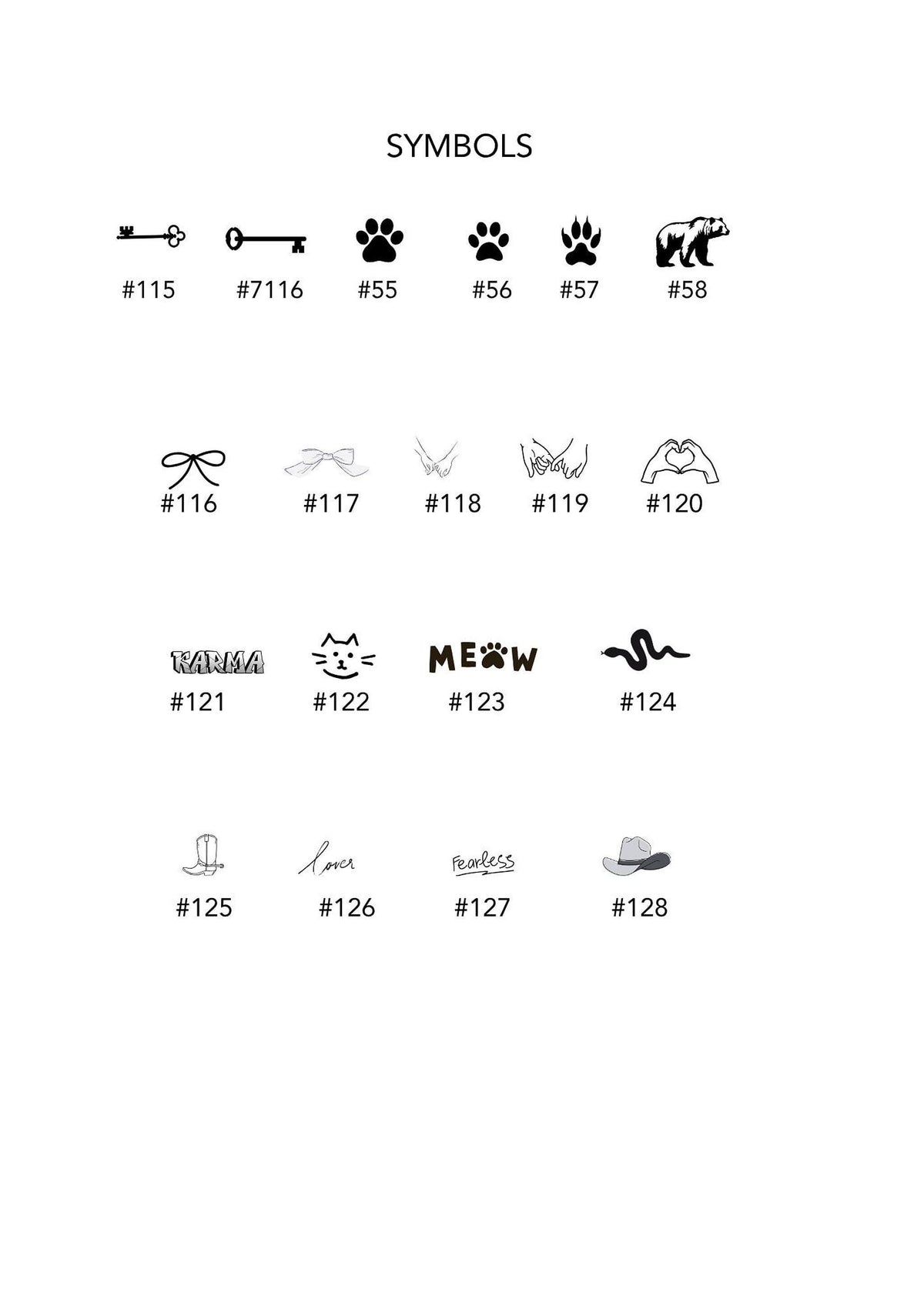 A white background displays 28 black symbols, including a key, paw prints, a bear, a bow, a cat, a snake, a cowboy boot, and a cowboy hat, each with a number below it.