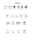 A white background displays 28 black symbols, including a key, paw prints, a bear, a bow, a cat, a snake, a cowboy boot, and a cowboy hat, each with a number below it.