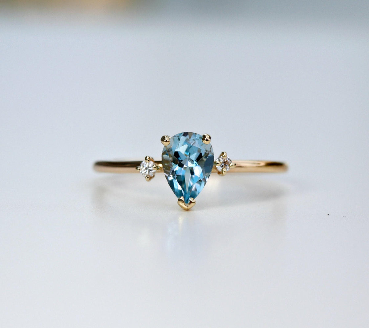 Diamond &amp; Pear Aquamarine Engagement Ring in 14k Gold - Melt'm Jewelry