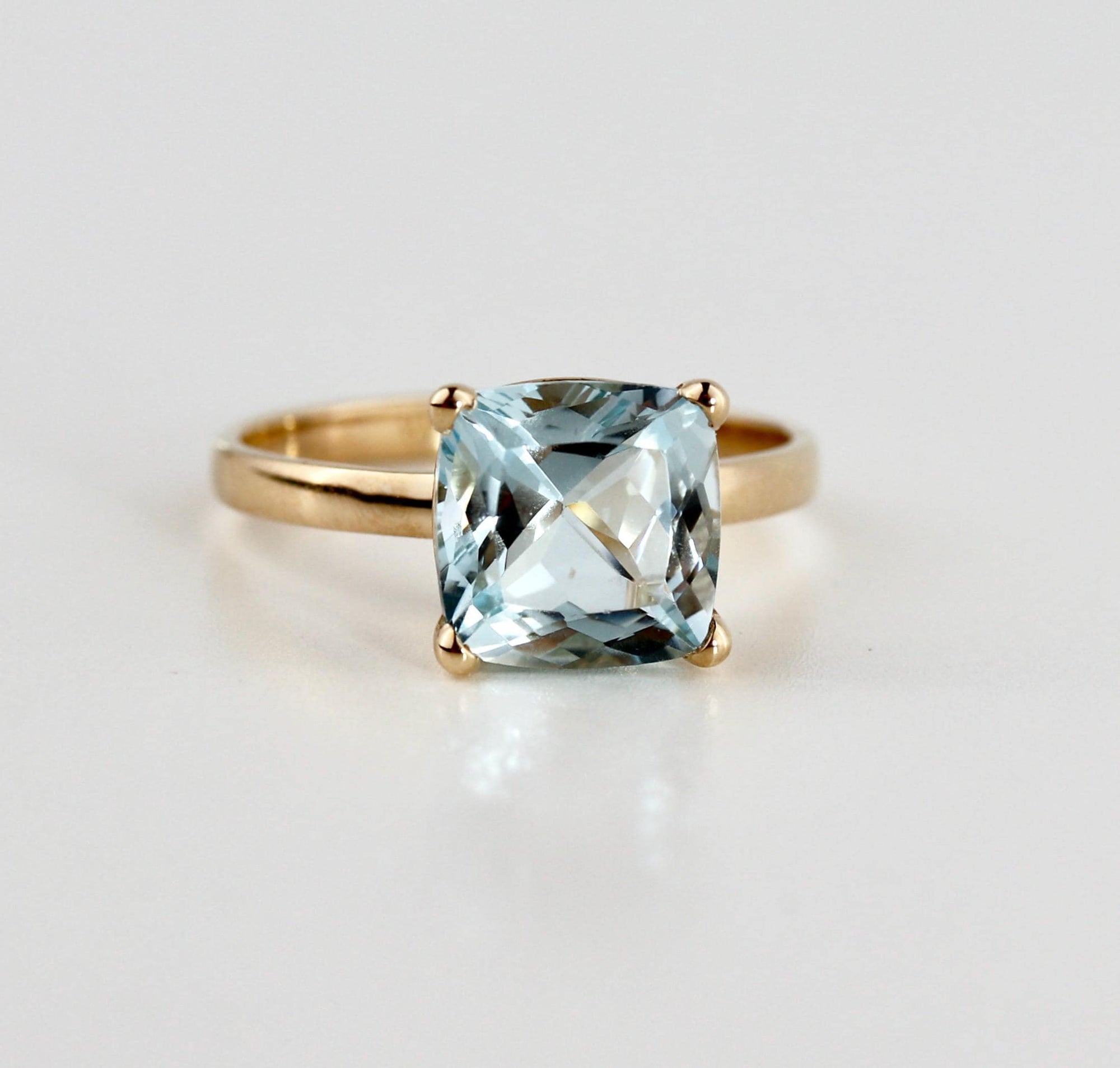 Cushion Cut Aquamarine Solitaire Ring, 2.3 Carat 8mm March Birthstone in 14K Gold, Four Prong Basket Setting - Melt'm Jewelry