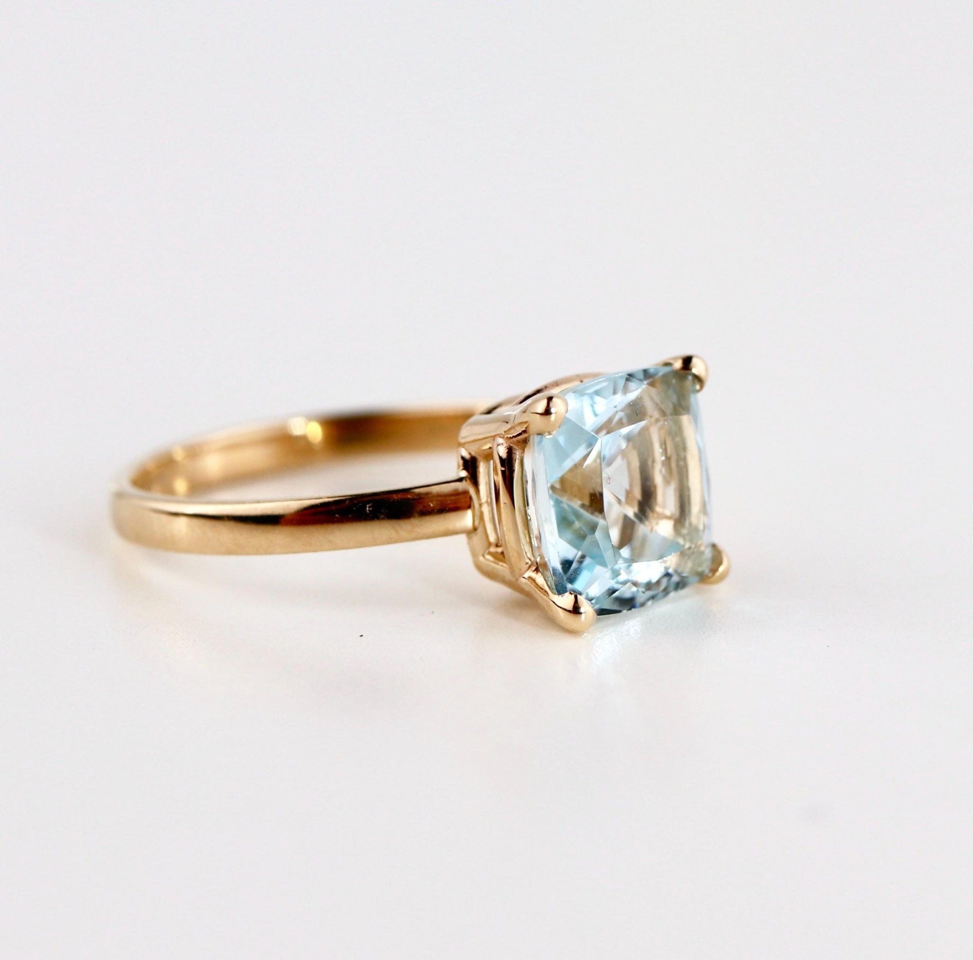 Cushion Cut Aquamarine Solitaire Ring, 2.3 Carat 8mm March Birthstone in 14K Gold, Four Prong Basket Setting - Melt'm Jewelry