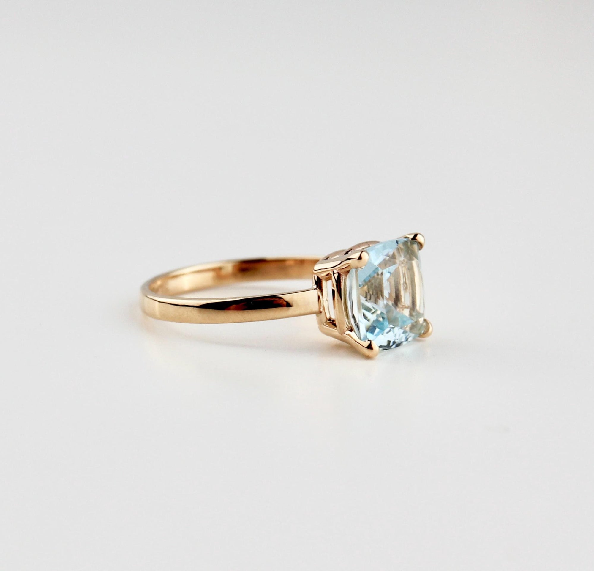 Cushion Cut Aquamarine Solitaire Ring, 2.3 Carat 8mm March Birthstone in 14K Gold, Four Prong Basket Setting - Melt'm Jewelry