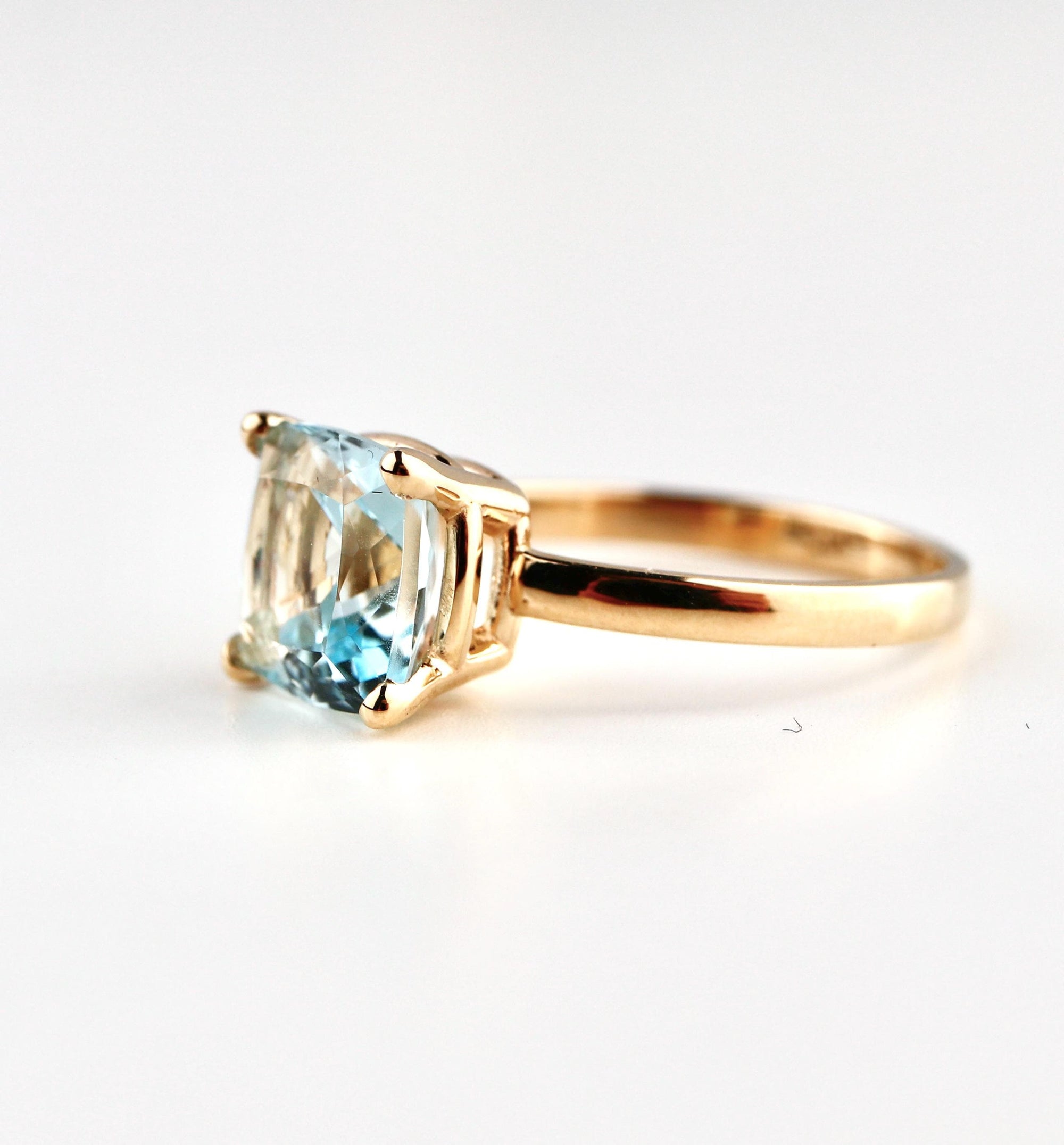 Cushion Cut Aquamarine Solitaire Ring, 2.3 Carat 8mm March Birthstone in 14K Gold, Four Prong Basket Setting - Melt'm Jewelry