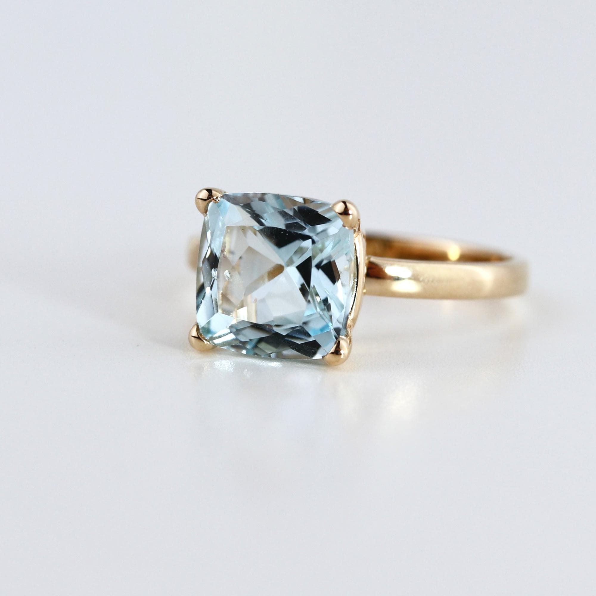 Cushion Cut Aquamarine Solitaire Ring, 2.3 Carat 8mm March Birthstone in 14K Gold, Four Prong Basket Setting - Melt'm Jewelry