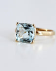 Cushion Cut Aquamarine Solitaire Ring, 2.3 Carat 8mm March Birthstone in 14K Gold, Four Prong Basket Setting - Melt'm Jewelry